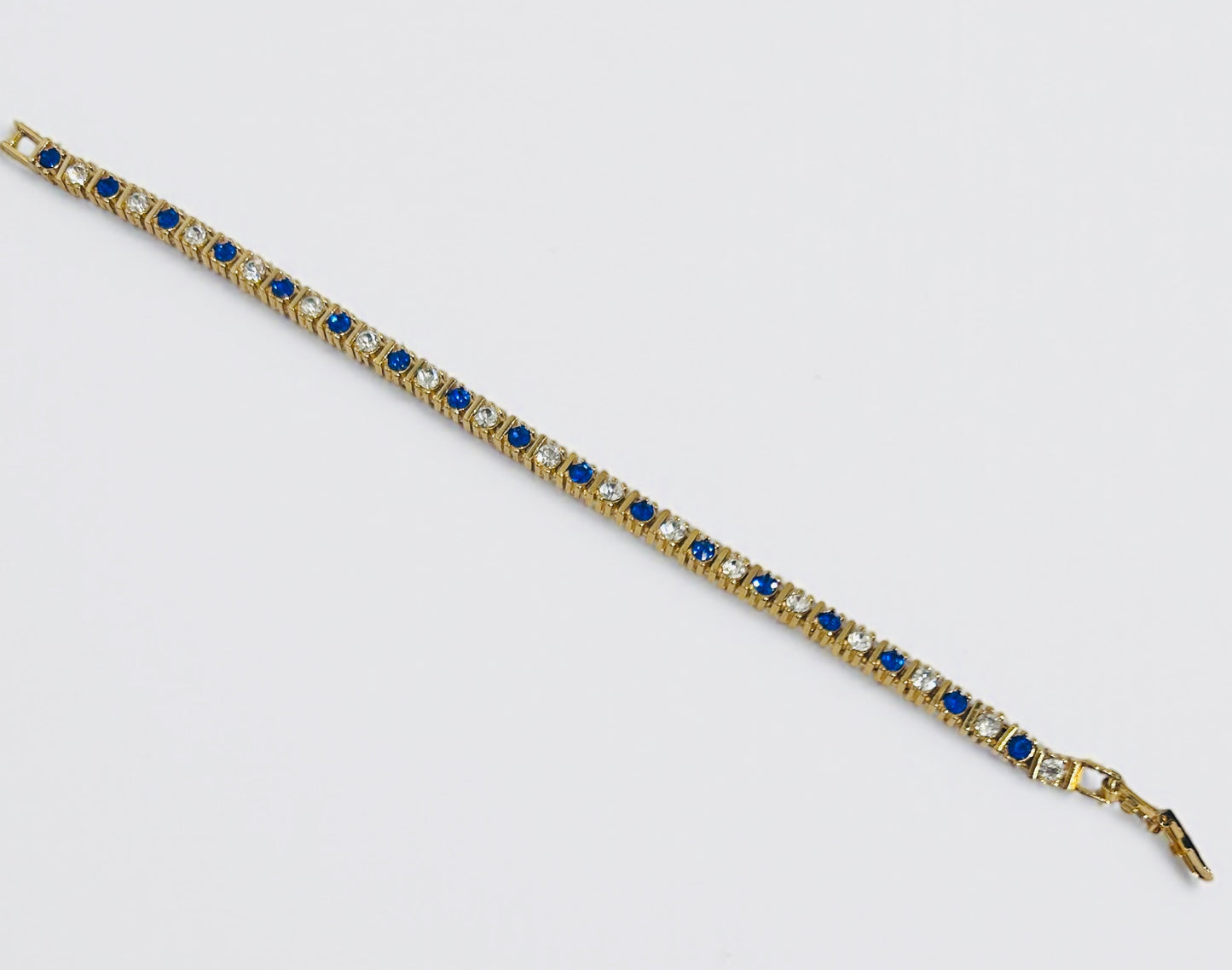 Vintage Gold-Plated Tennis Bracelet with Blue and Clear Crystals