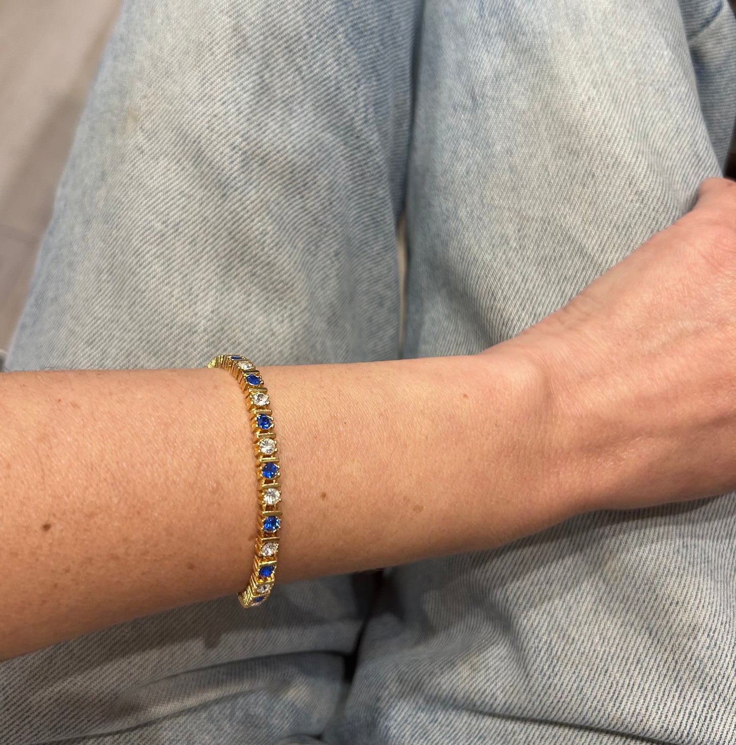 Vintage Gold-Plated Tennis Bracelet with Blue and Clear Crystals