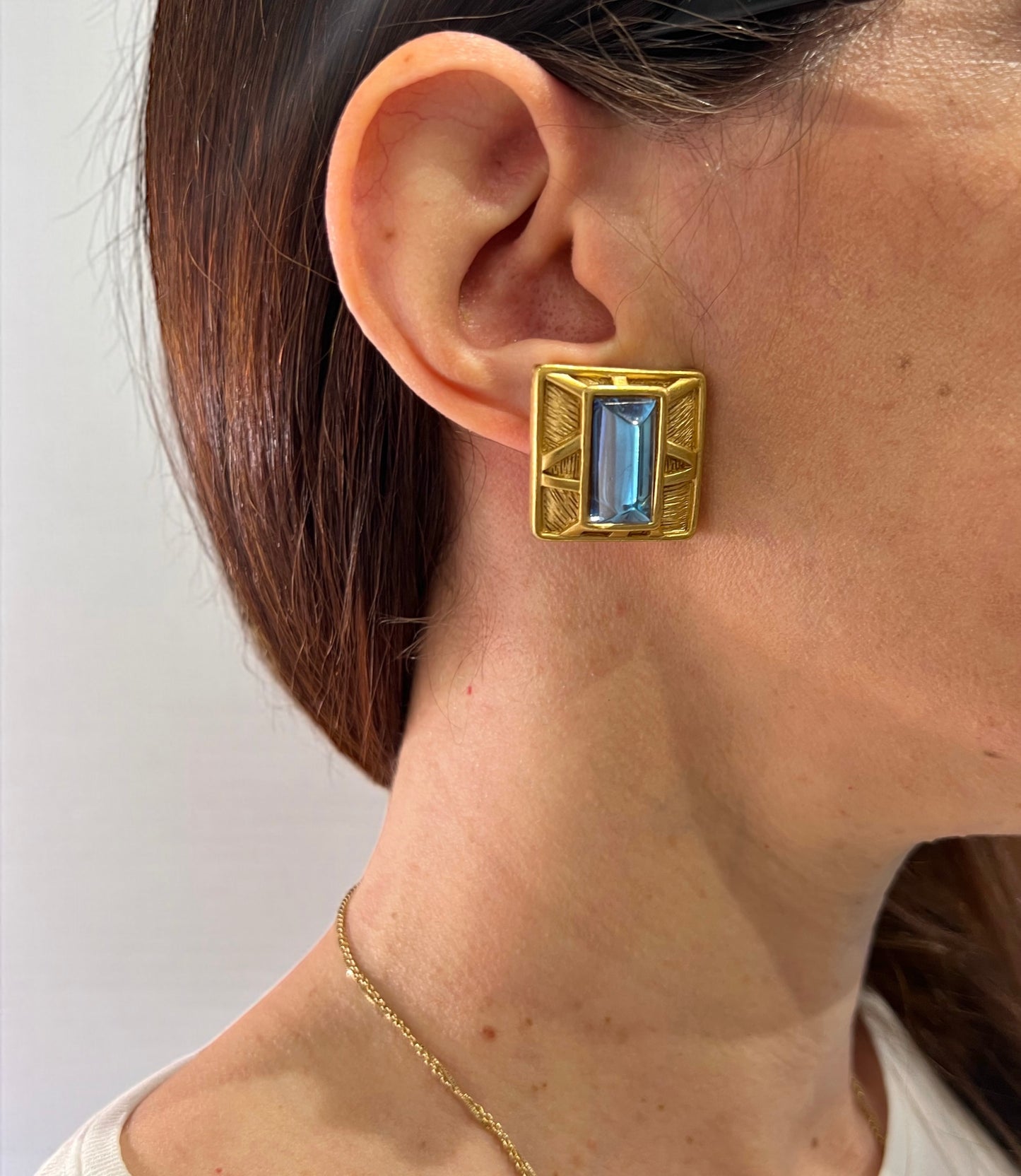Vintage Givenchy Gold-Plated Clip-On Earrings with Blue Baguette Glass Stone