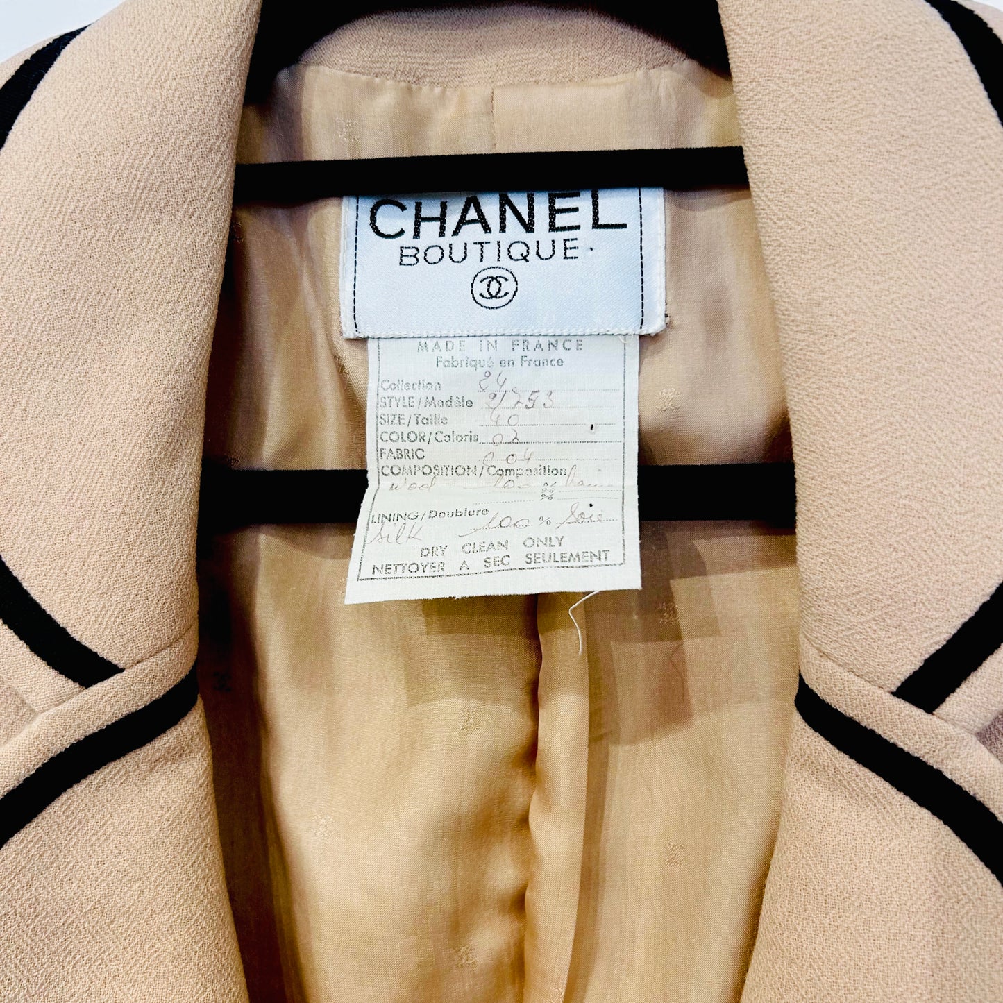 Vintage Chanel Boutique Beige Wool Jacket with Black Trim| 1990s