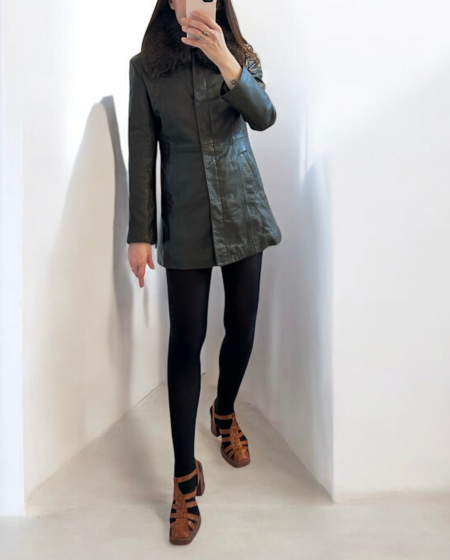 Vintage VIENS Leather Coat with Detachable Fox Fur Collar