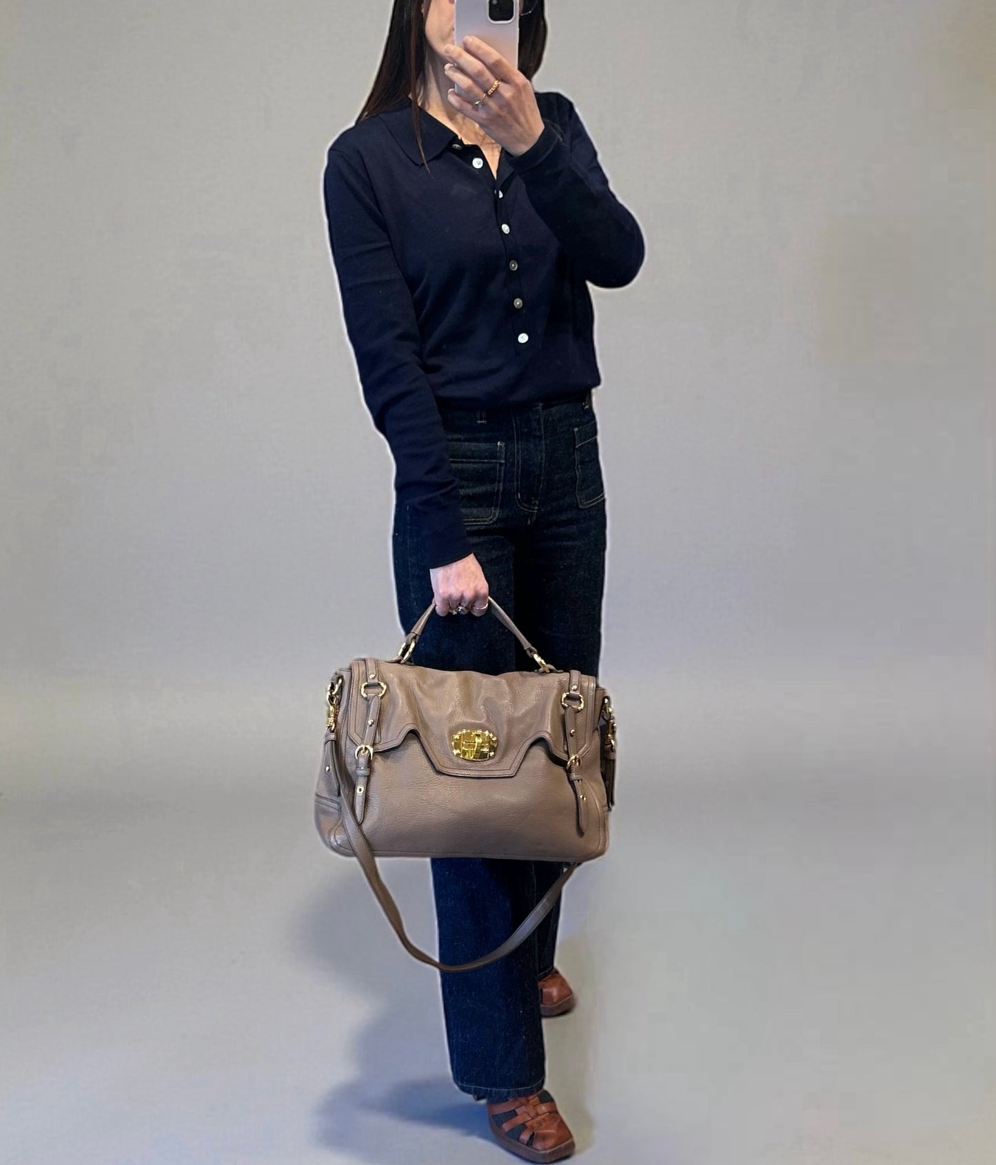 Miu Miu Taupe Leather Top Handle Bag with Gold Hardware