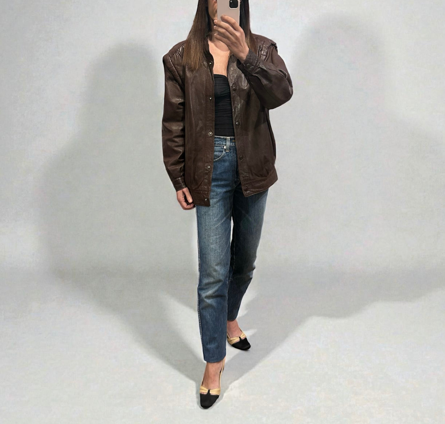 Vintage Brown Leather Jacket with Padded Shoulders| 1980s