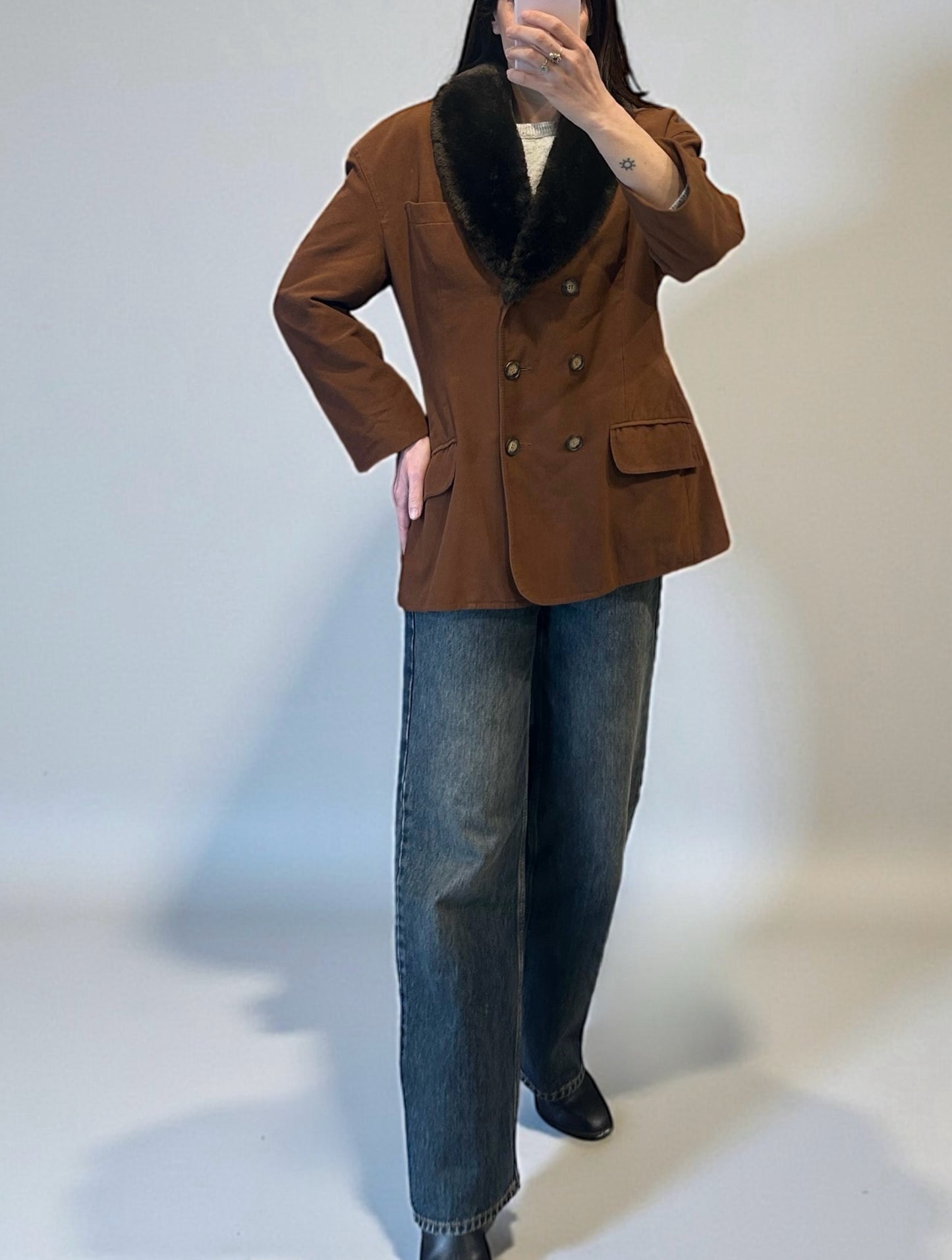 Italian Vintage Brown Double-Breasted Jacket with Faux Fur Collar