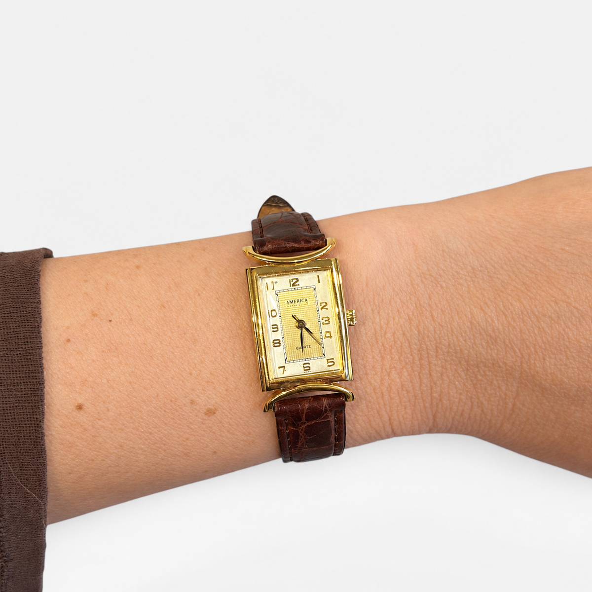Vintage America By Perry Ellis Gold-Tone Rectangular Watch | 1990s