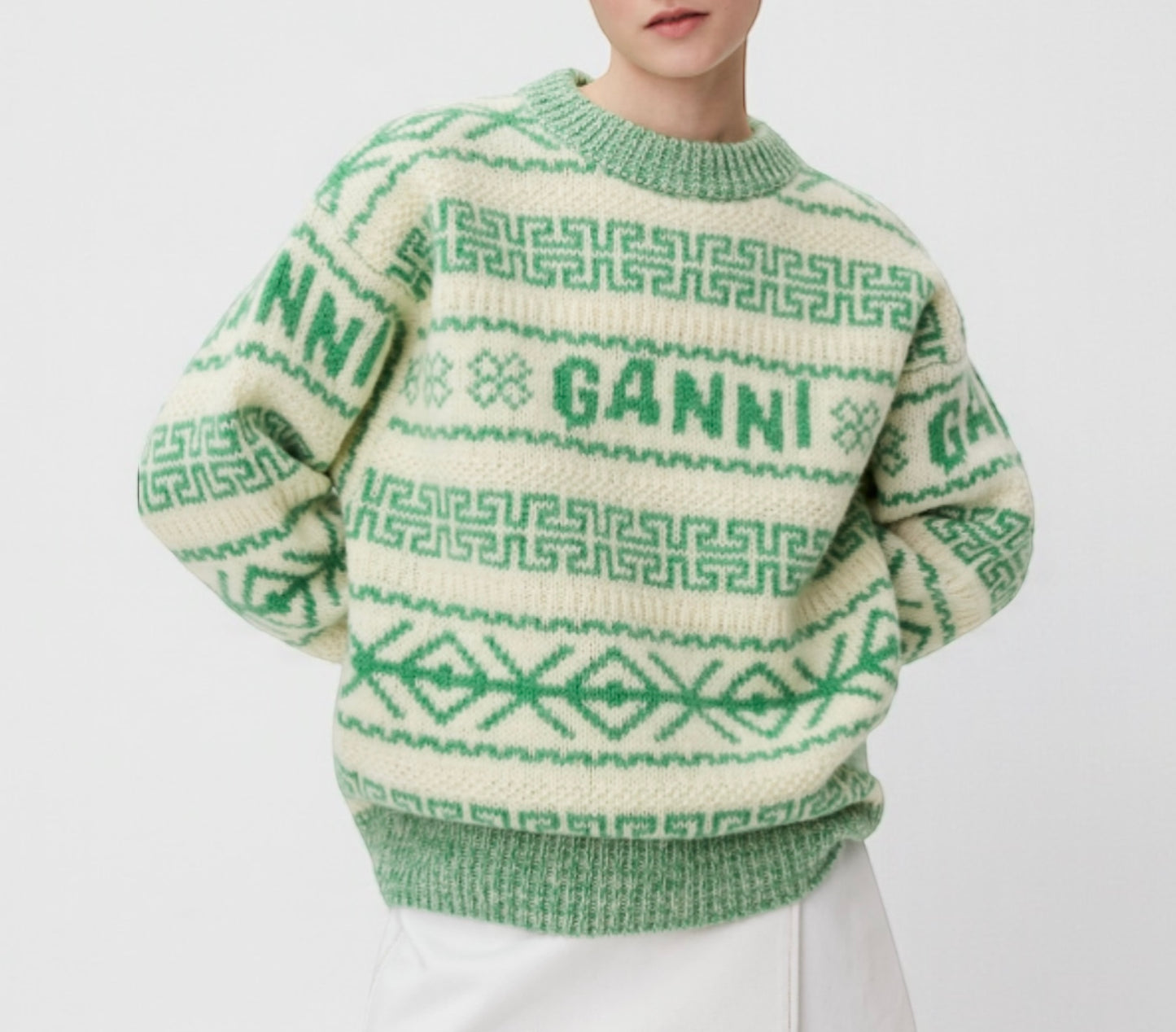 GANNI Green & Cream Logo Knit Sweater