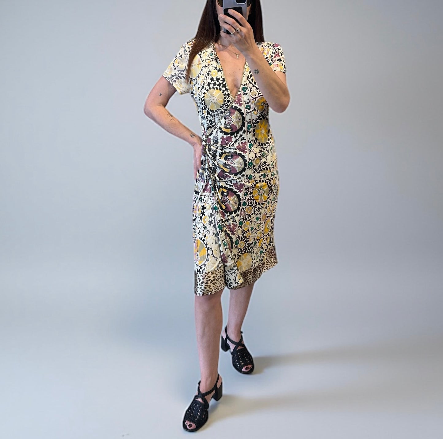 Roberto Cavalli Vintage Floral Wrap Dress with Leopard Hem