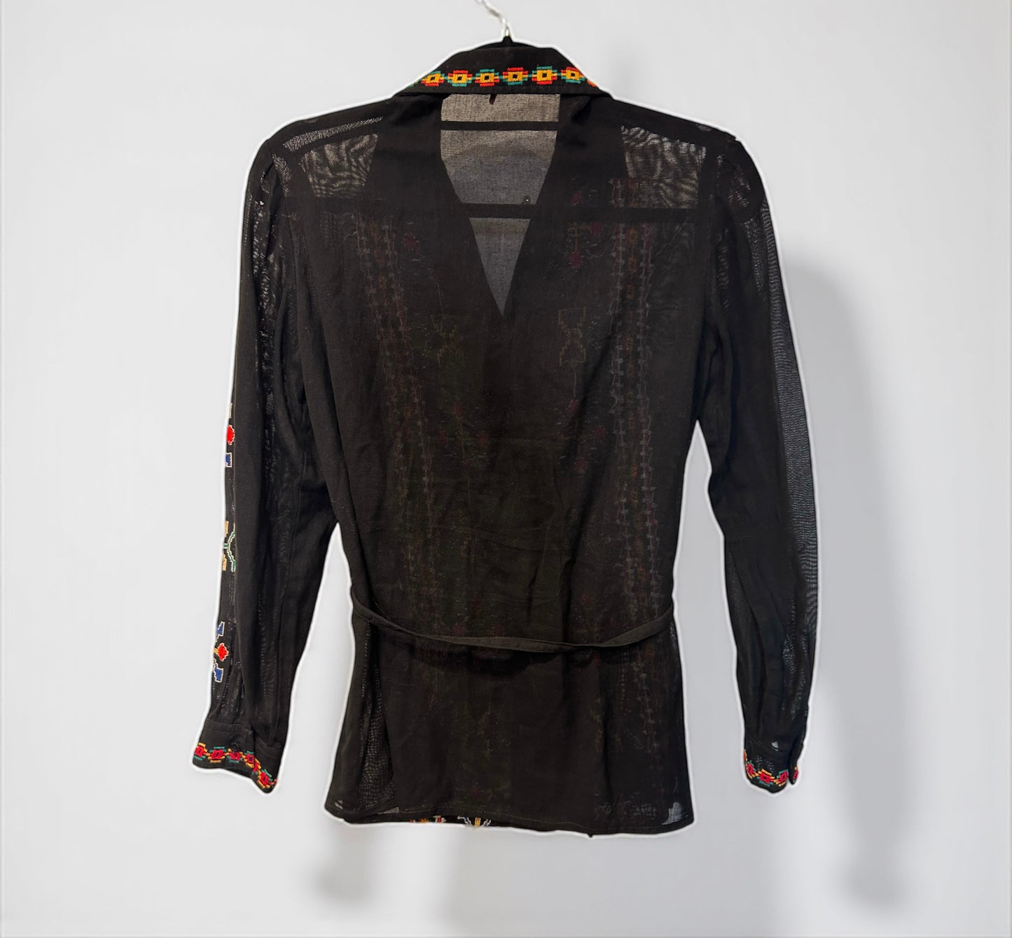 1970s Vintage Black Mesh Embroidered Blouse