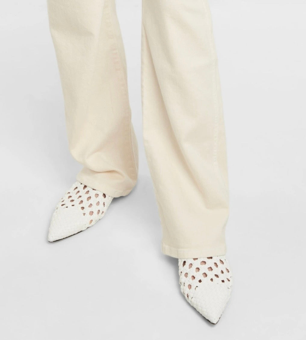 Khaite White Woven Leather Pointed Mules
