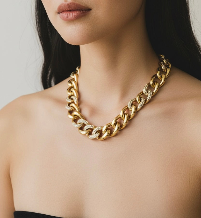 Vintage Gold-Plated Statement Chain Necklace with Crystal Accents| Late 80s