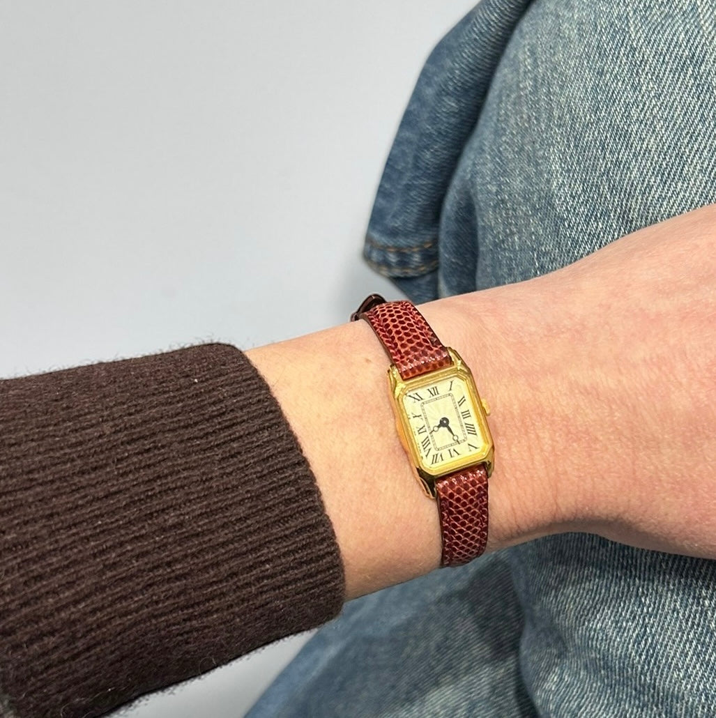 Vintage Demi-Luxe Gold-Plated Rectangular Watch with Burgundy Leather Strap