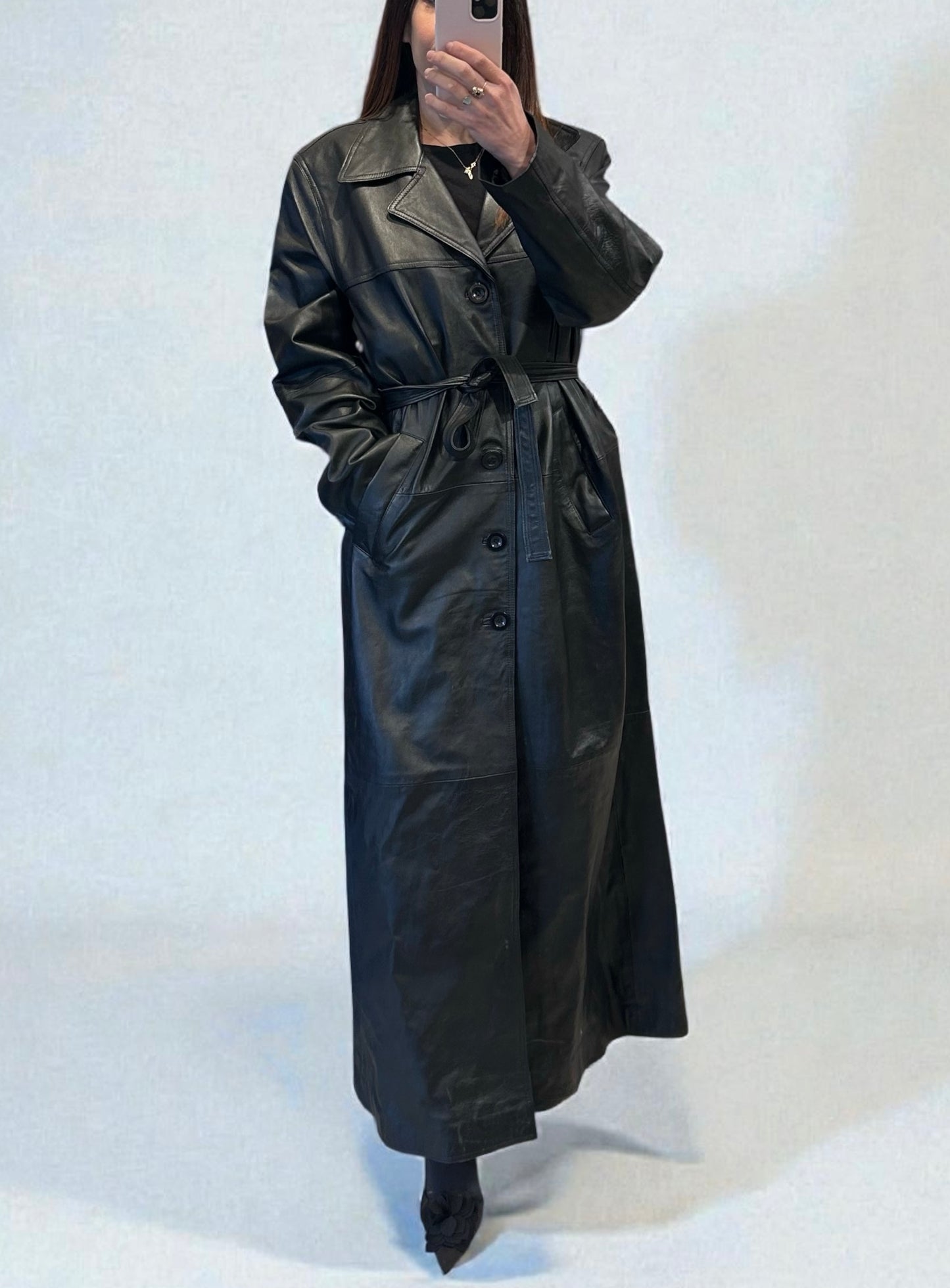 Vintage Santa Fe Black Leather Trench-Style Coat|1990׳s