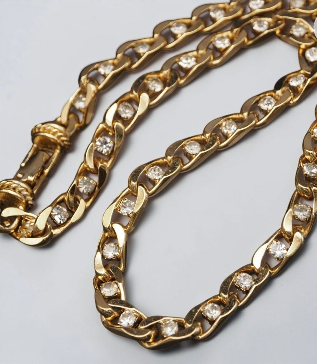 Vintage GK Gold Plated Crystal Cuban Link Necklace|80s