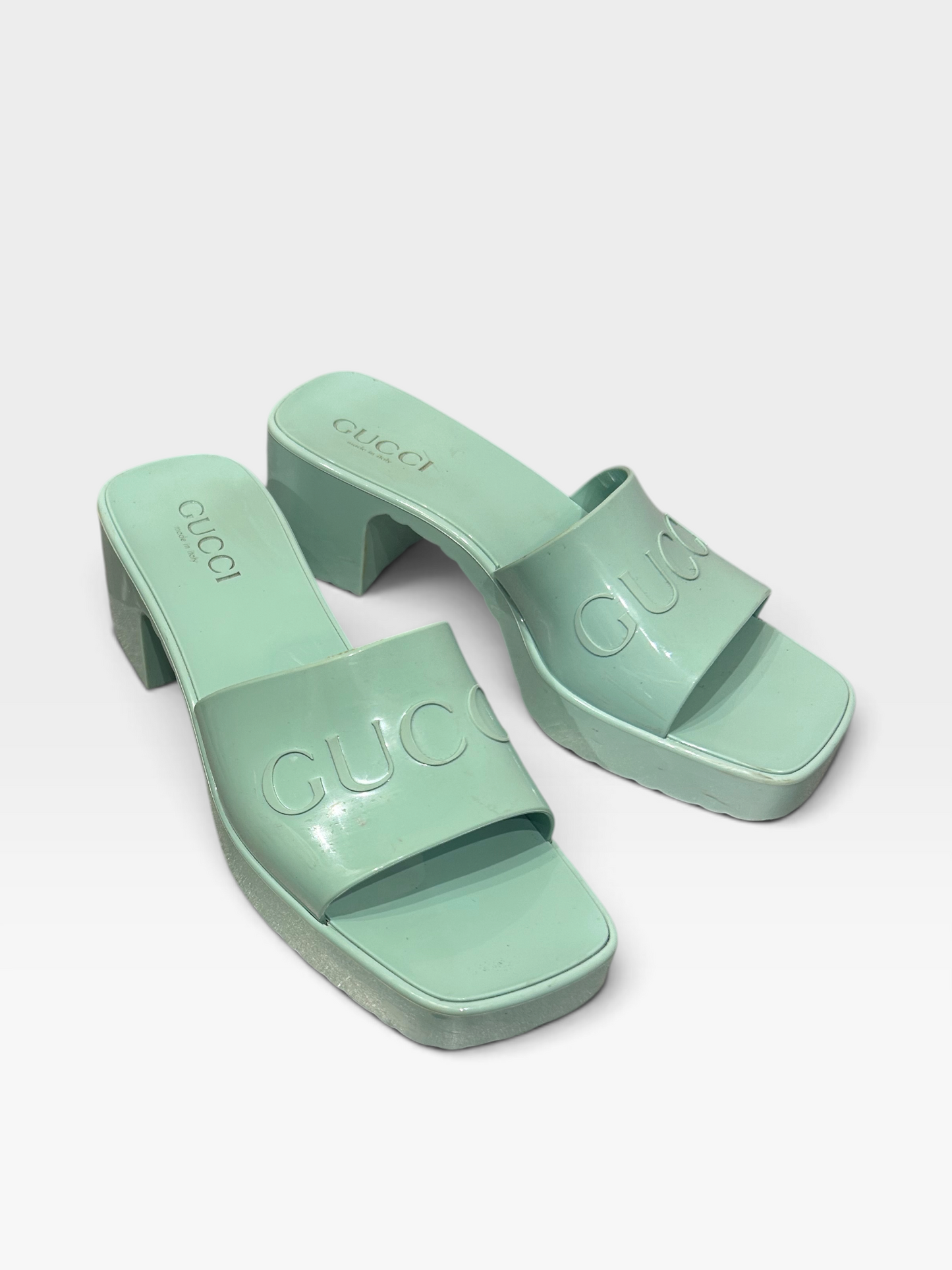 Gucci Mint Green Rubber Platform Slides| Pre-Fall 2020