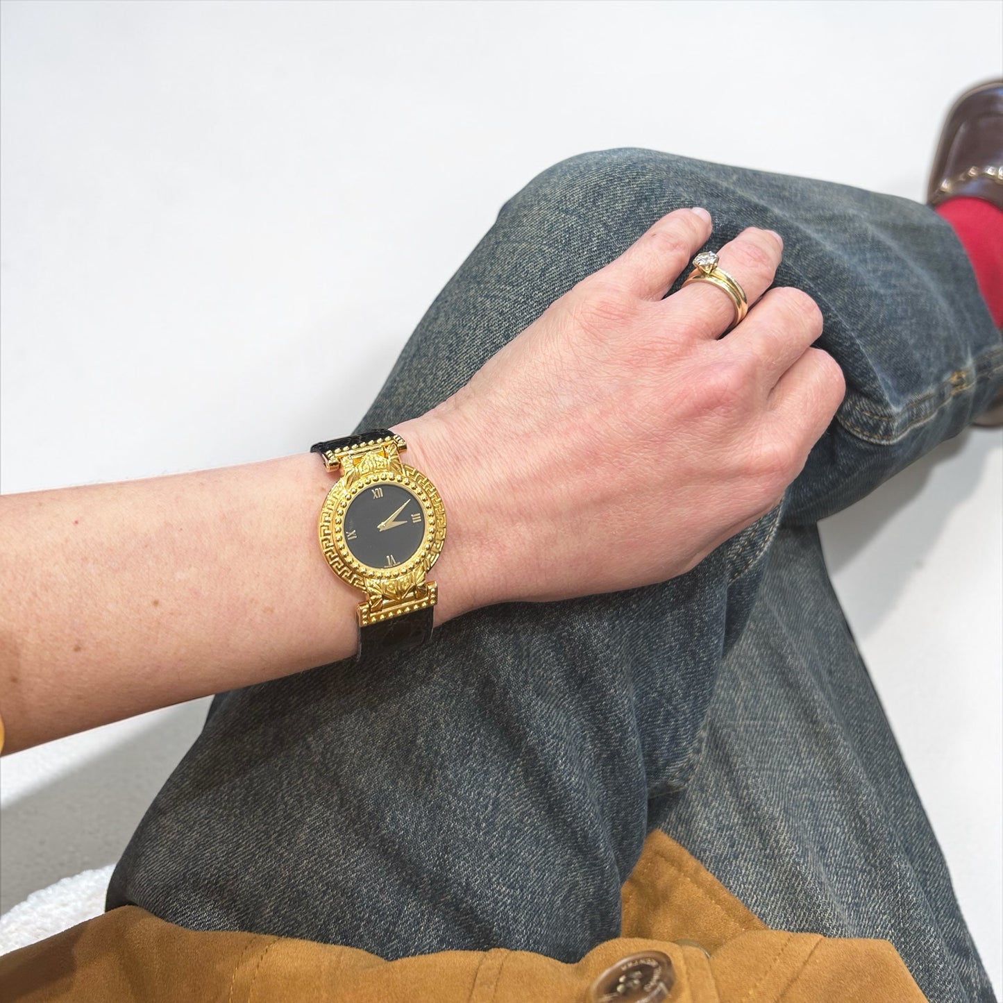 Vintage Gianni Versace Greek Key Gold Watch with Croc Leather Strap| 1994