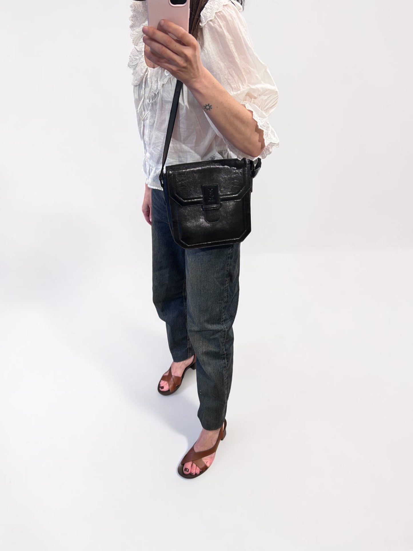 Vintage Yves Saint Laurent Black Embossed Leather Shoulder Bag| Early 1990s