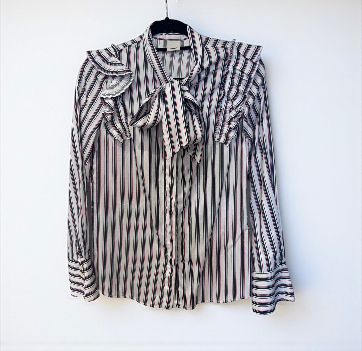 Pinko Striped Ruffle Blouse with Bow Tie