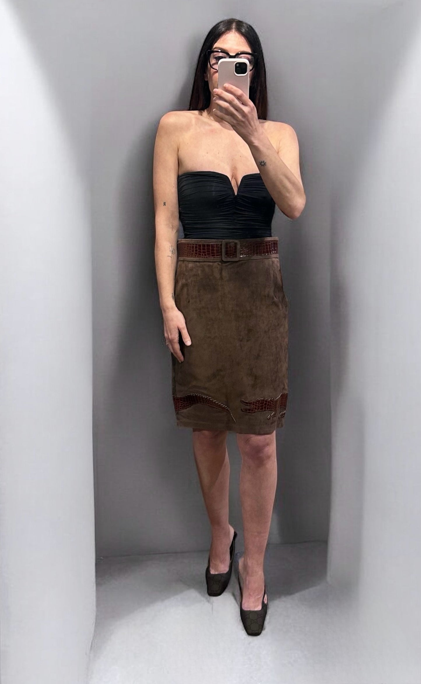 Moschino Cheap and Chic Suede Skirt with Crocodile Motif|Late 1990’s