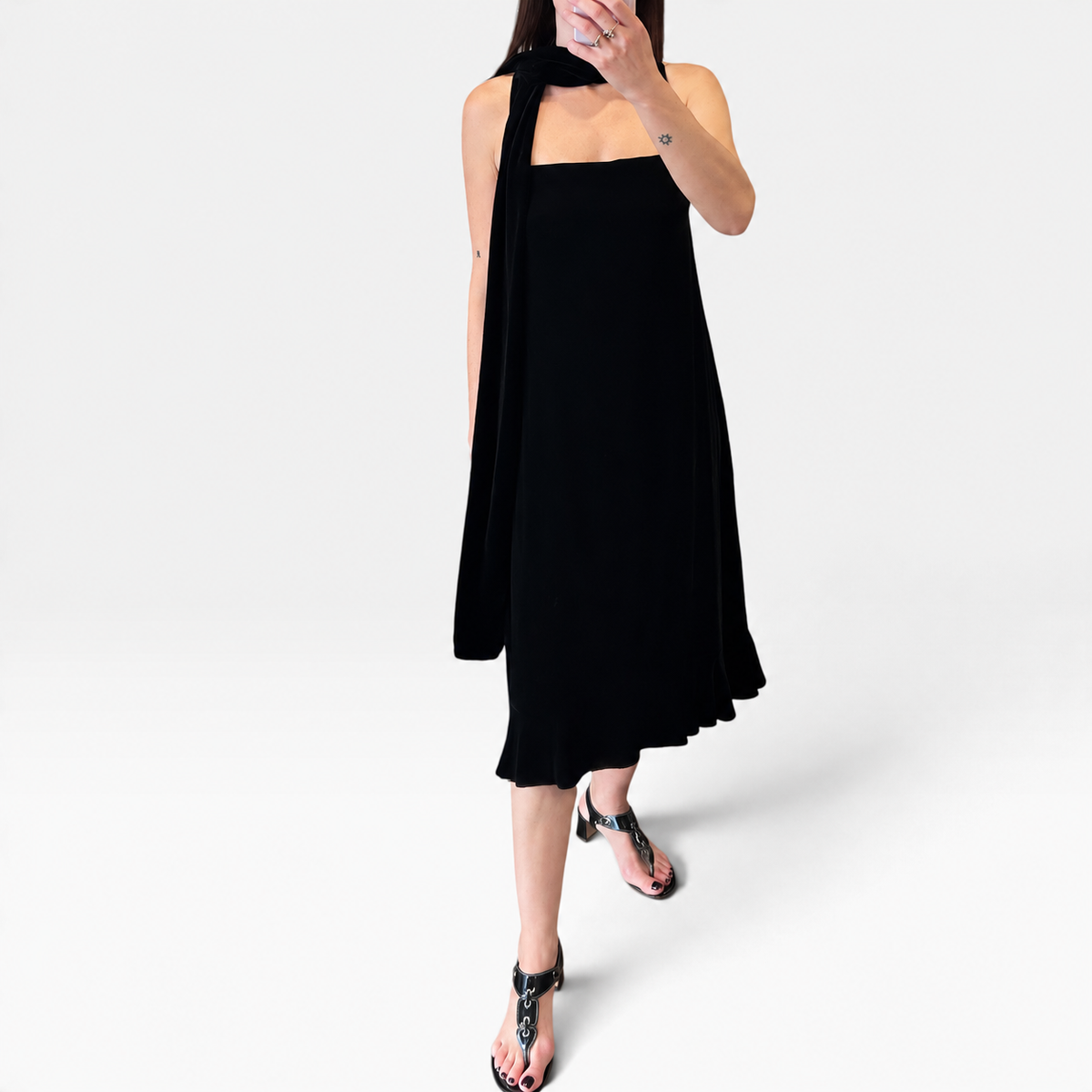 Vintage Joseph Black Velvet Midi Dress with Scarf Detail | 1990s
