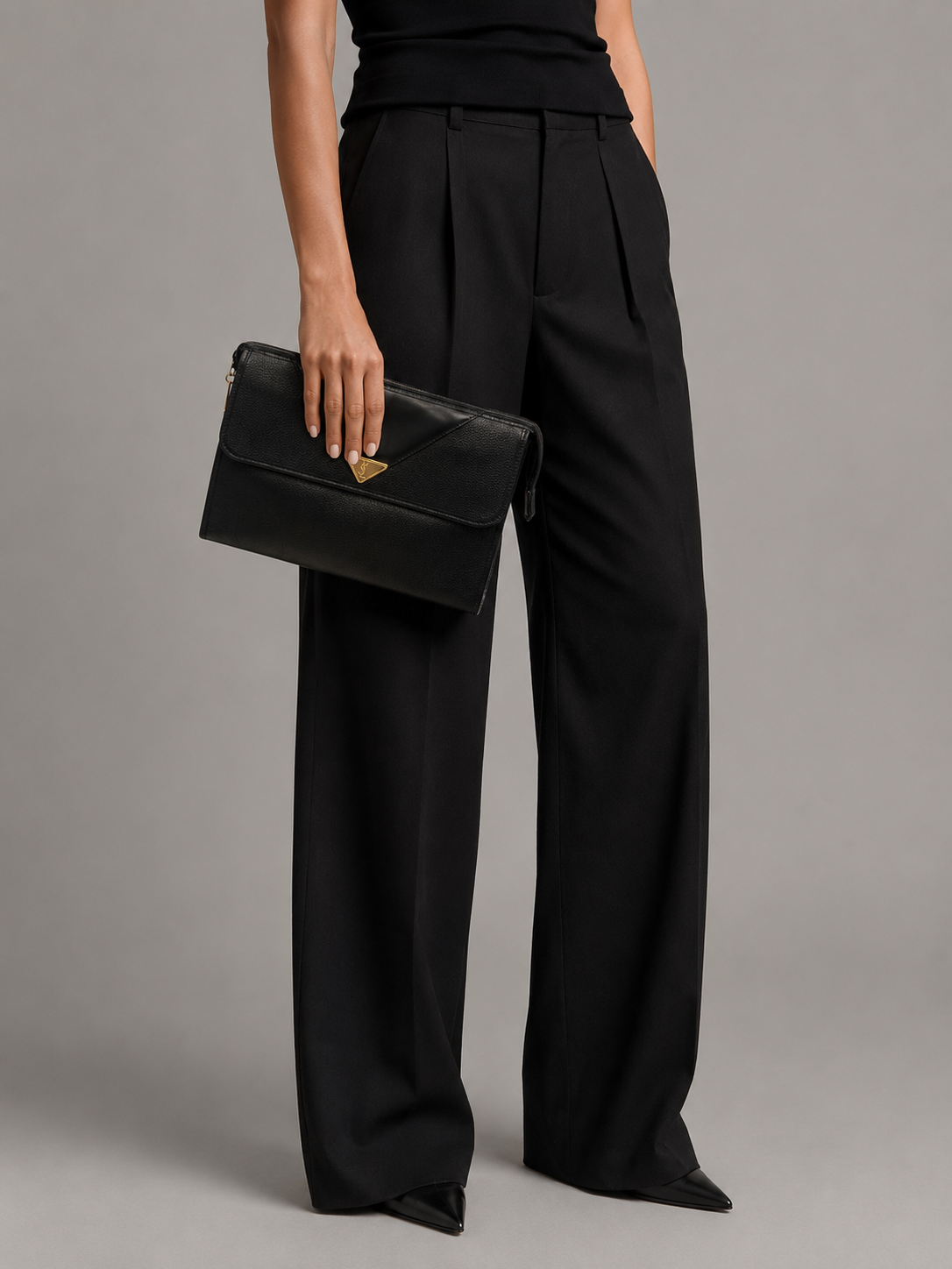 Vintage Yves Saint Laurent Black Leather Envelope Clutch Bag| 1980s