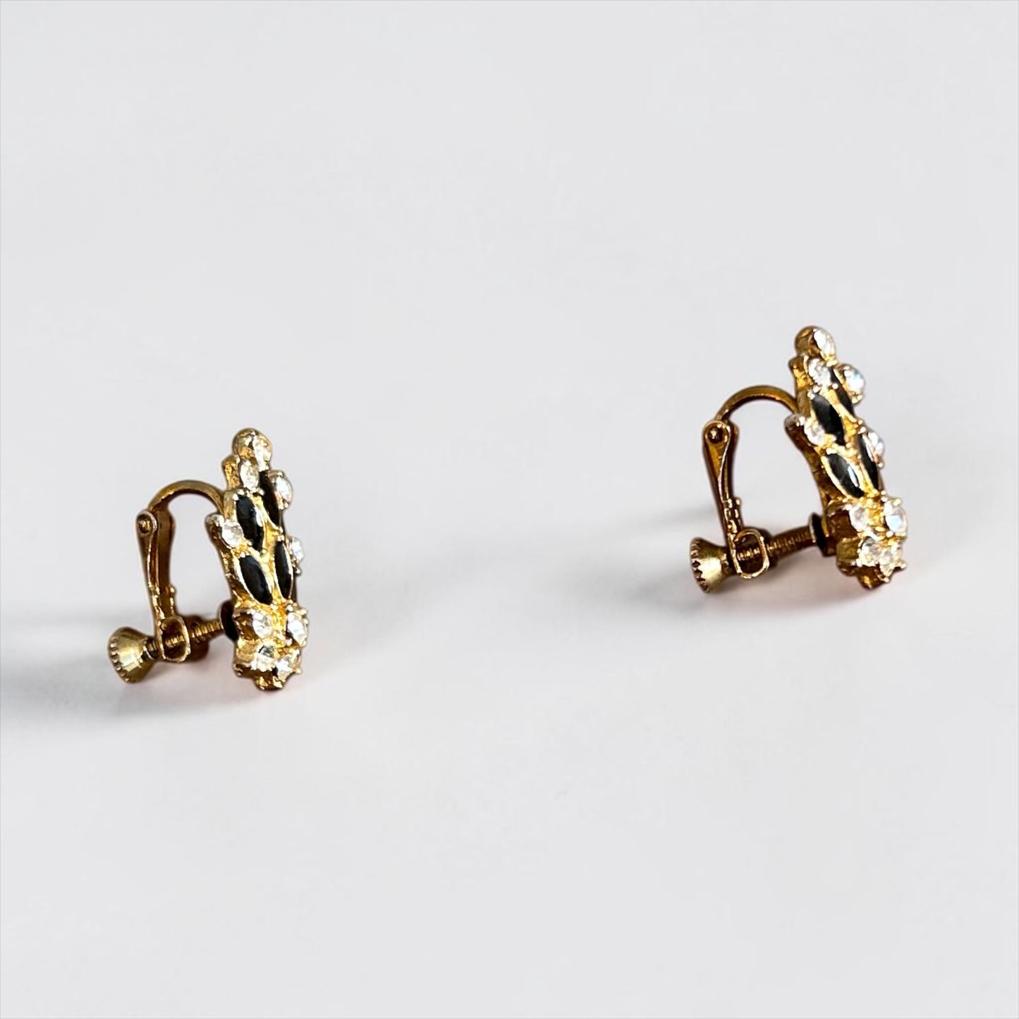 Vintage Gold-Plated Black & Crystal Cluster Clip-On Earrings|90s