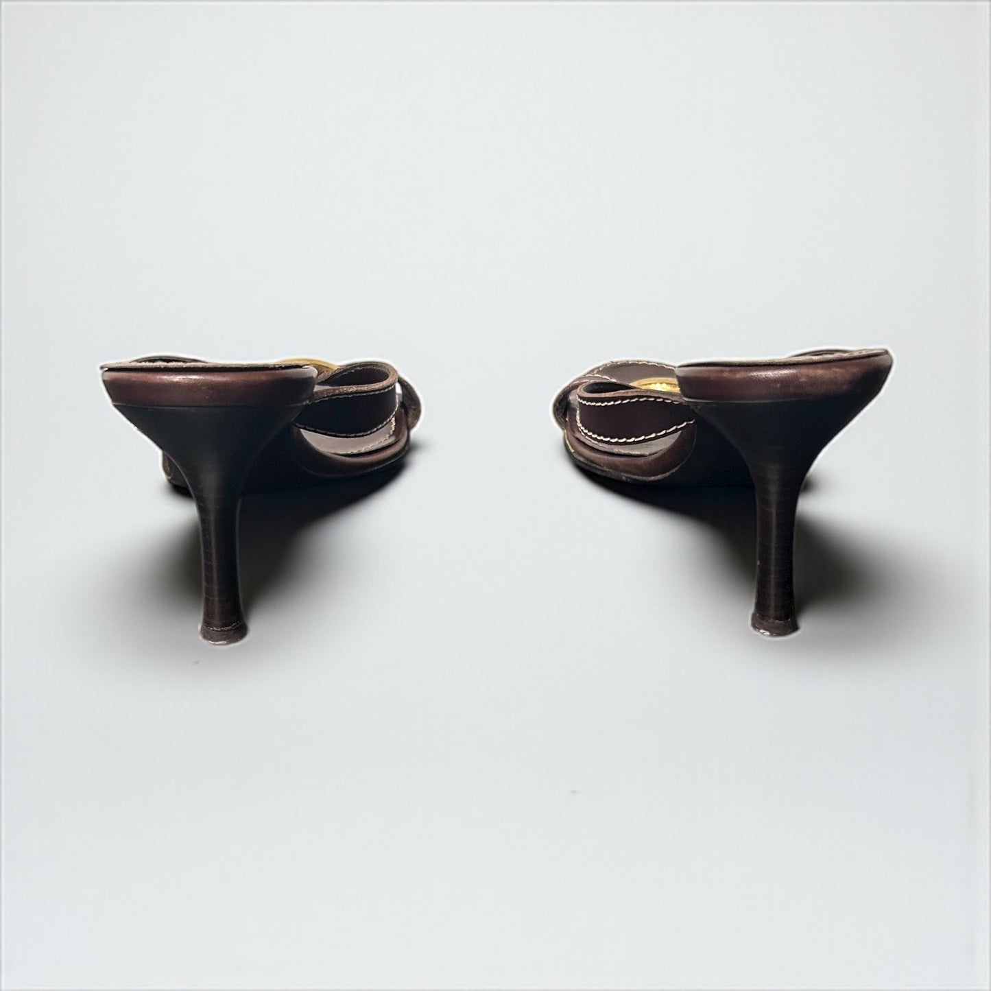 Vintage Celine Brown Leather Mule Sandals with Gold-Tone Hardware