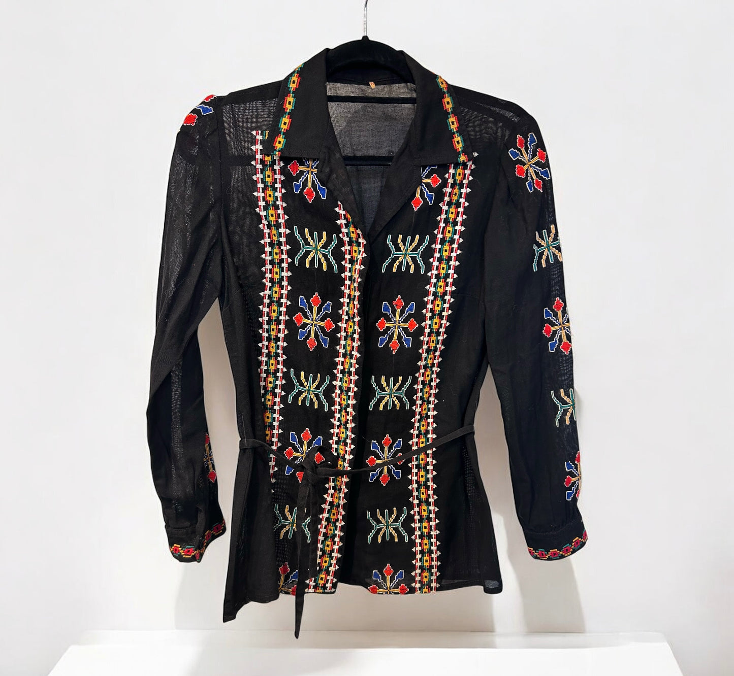 1970s Vintage Black Mesh Embroidered Blouse