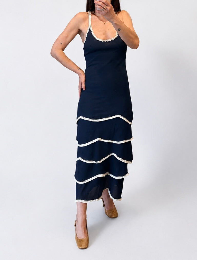 Ramy Brook Navy Crochet Trim Tiered Midi Dress