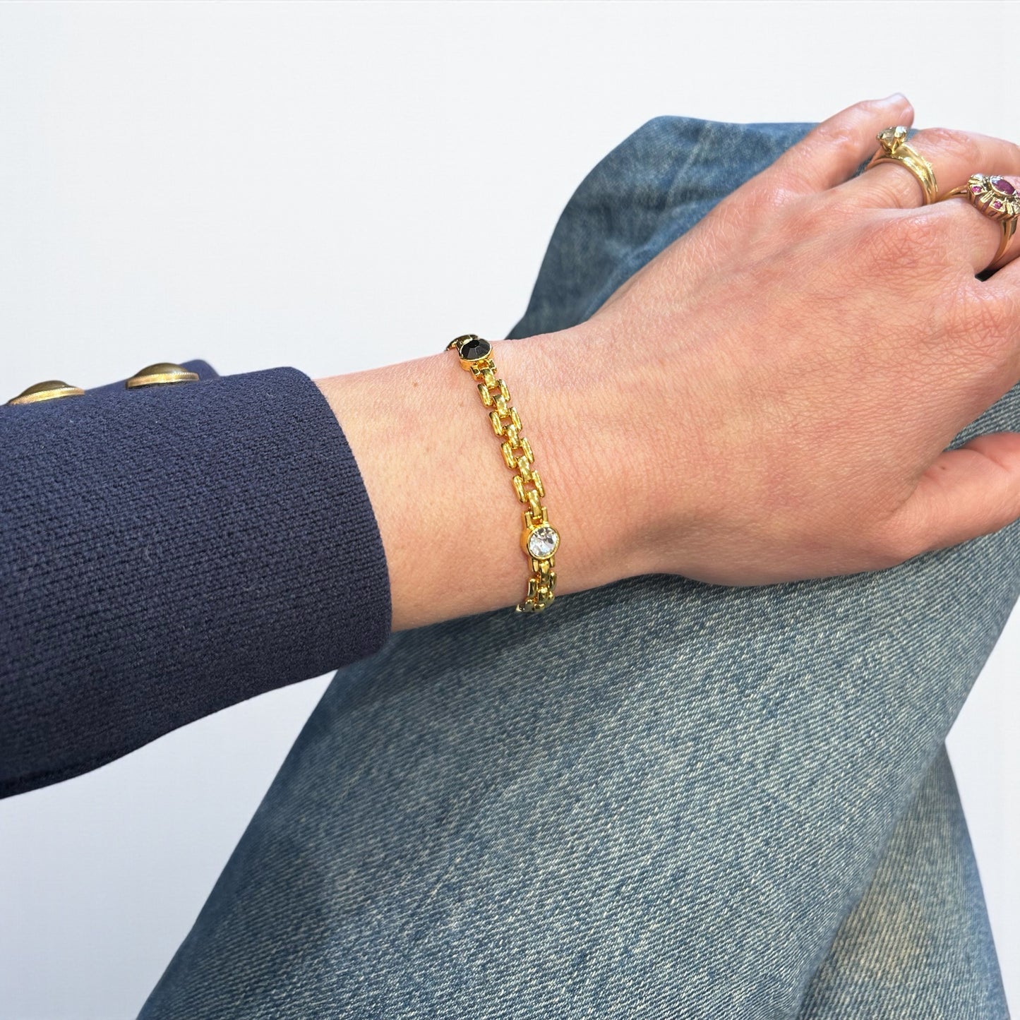 Vintage Gold Plated Tennis Bracelet with Black & Crystal Stones |90s