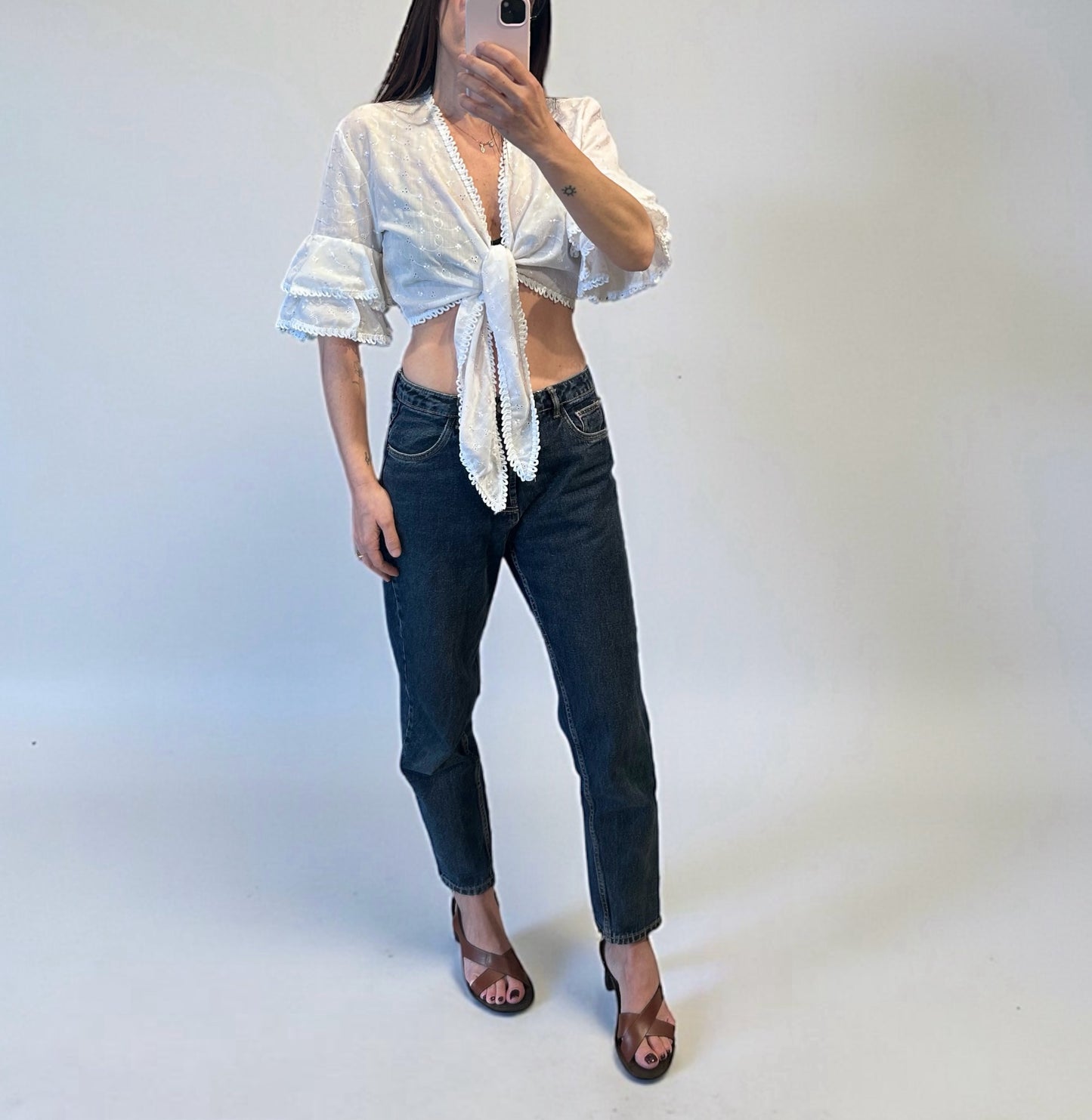 Vintage 100% Cotton White Eyelet Tie-Front Boho Blouse