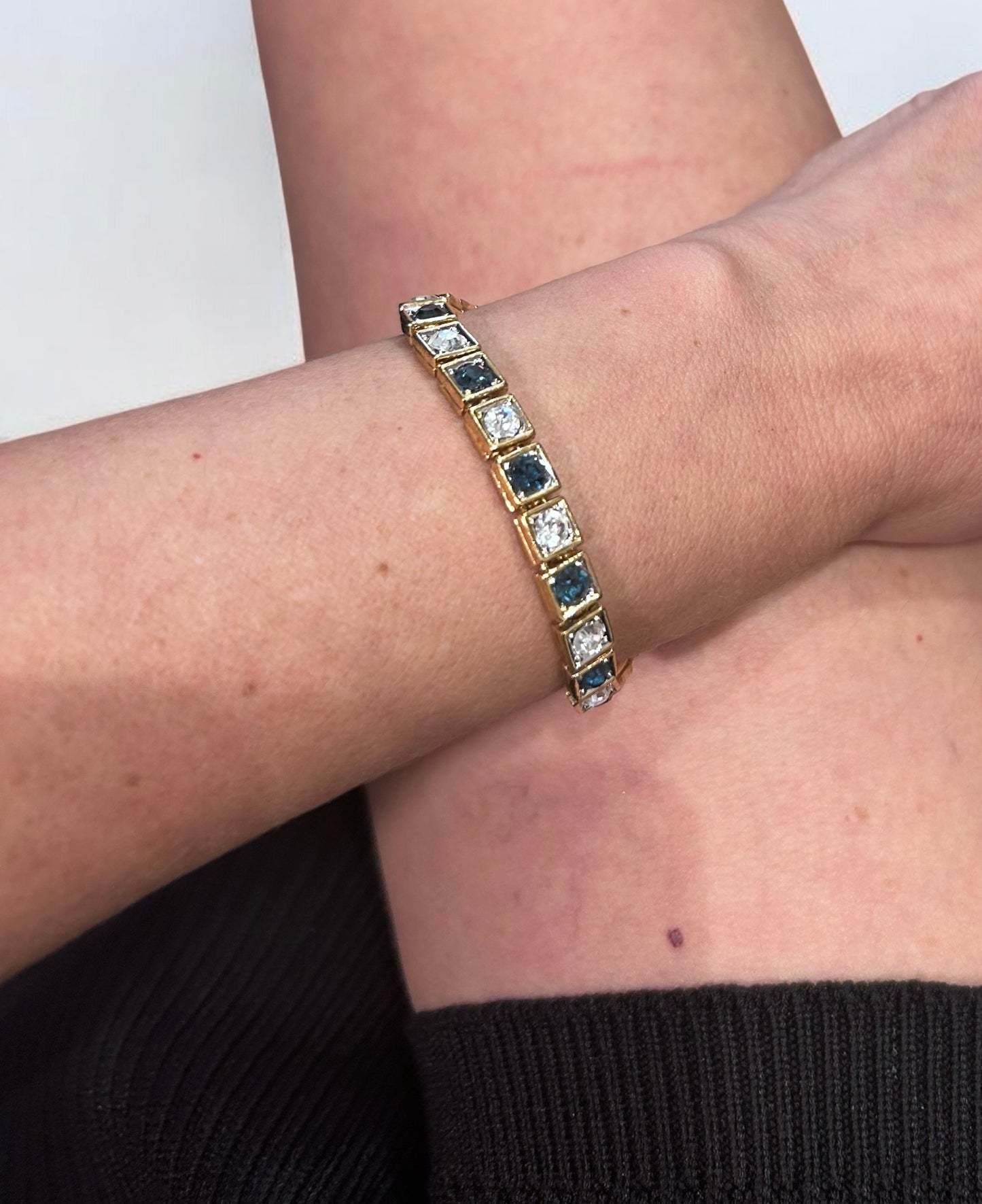 Vintage Gold-Plated Tennis Bracelet with Blue and Clear Stones