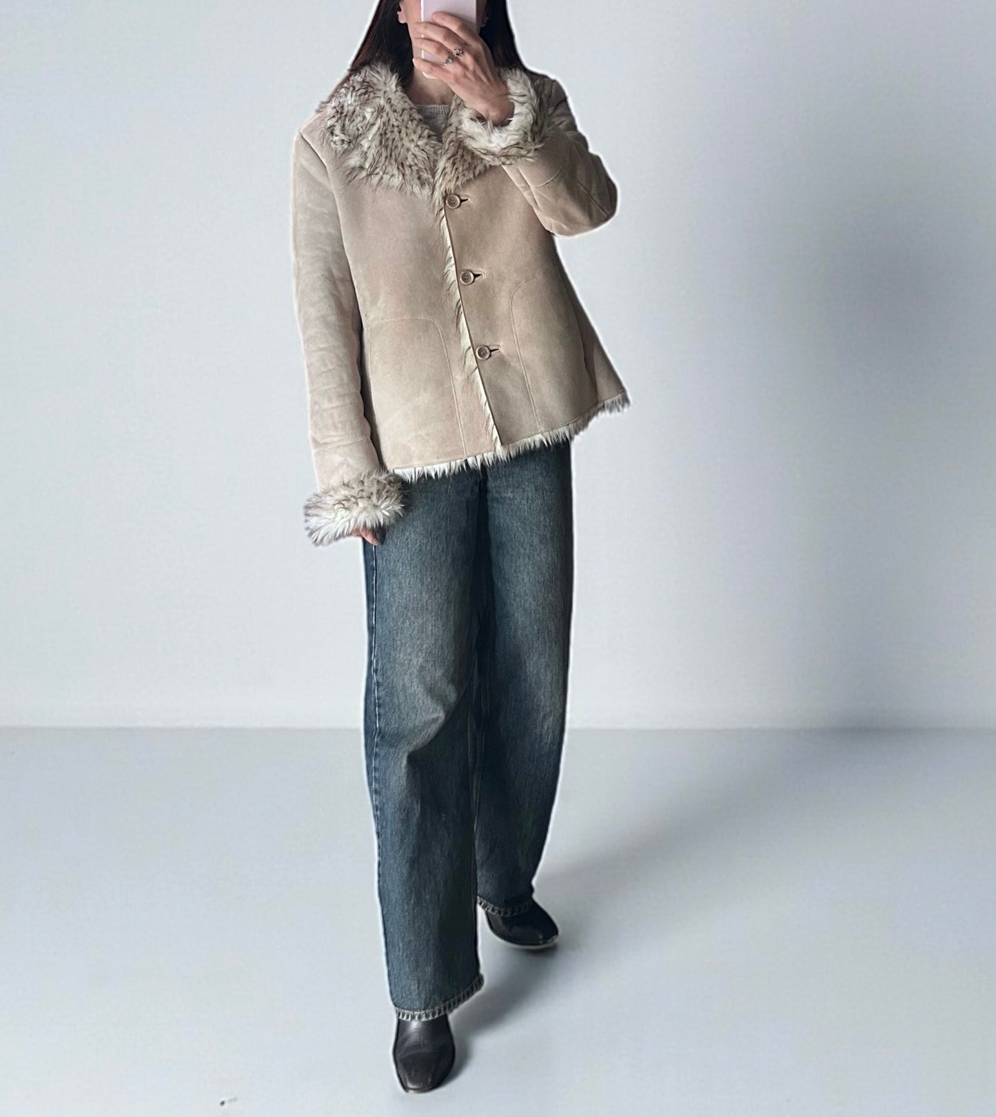 Vintage Beige Faux Shearling Jacket with fur