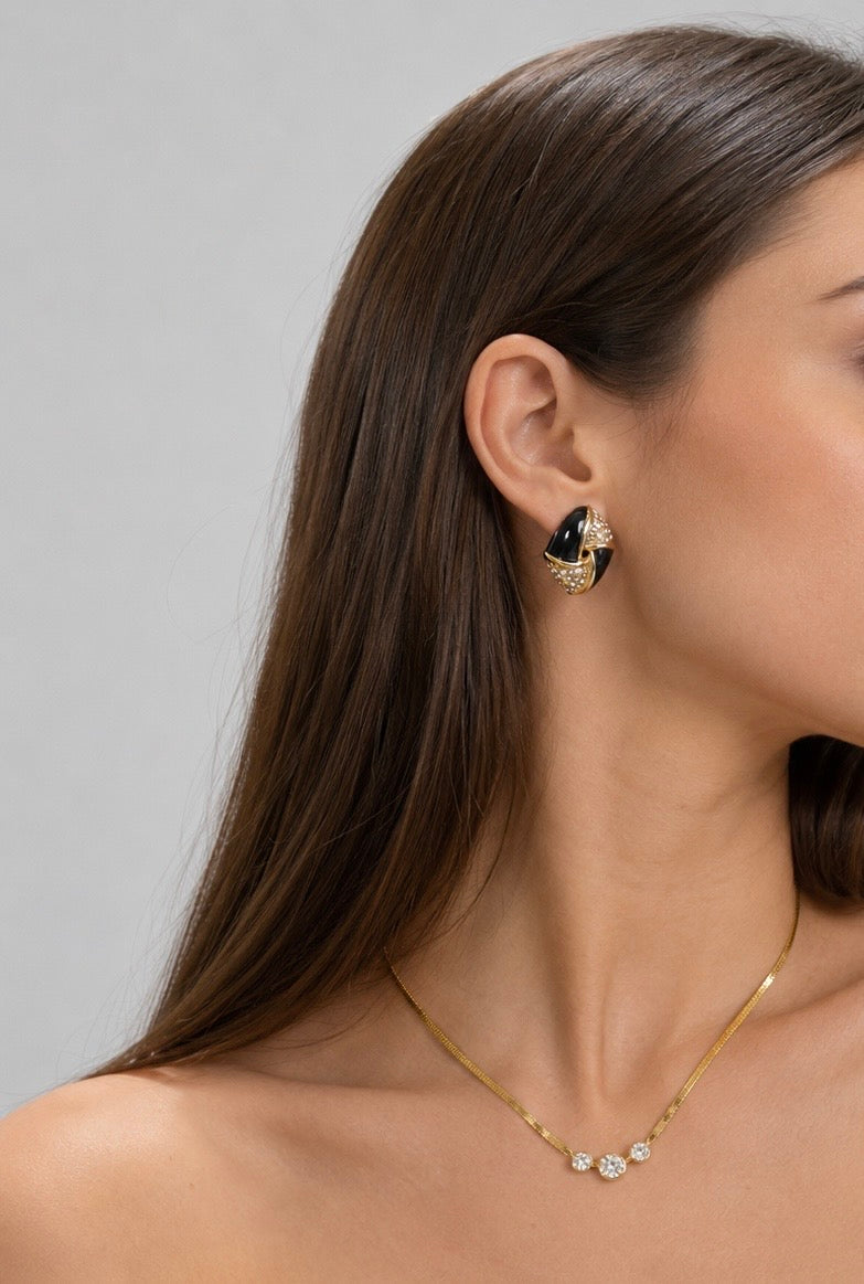 Vintage Gold-Plated Black Enamel & Crystal Clip-On Earrings| 1980s