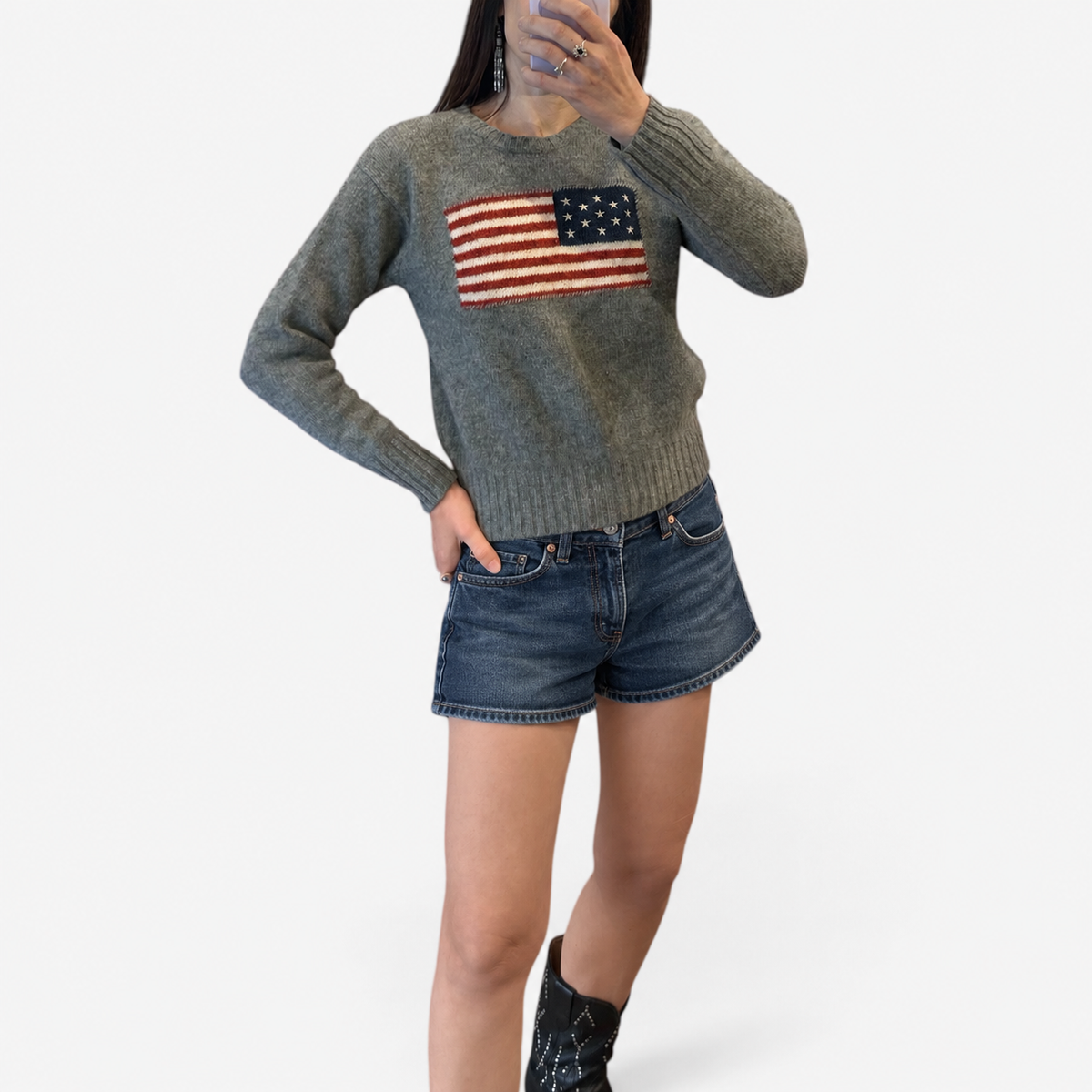Vintage Polo Ralph Lauren Grey Wool American Flag Sweater | 1990s