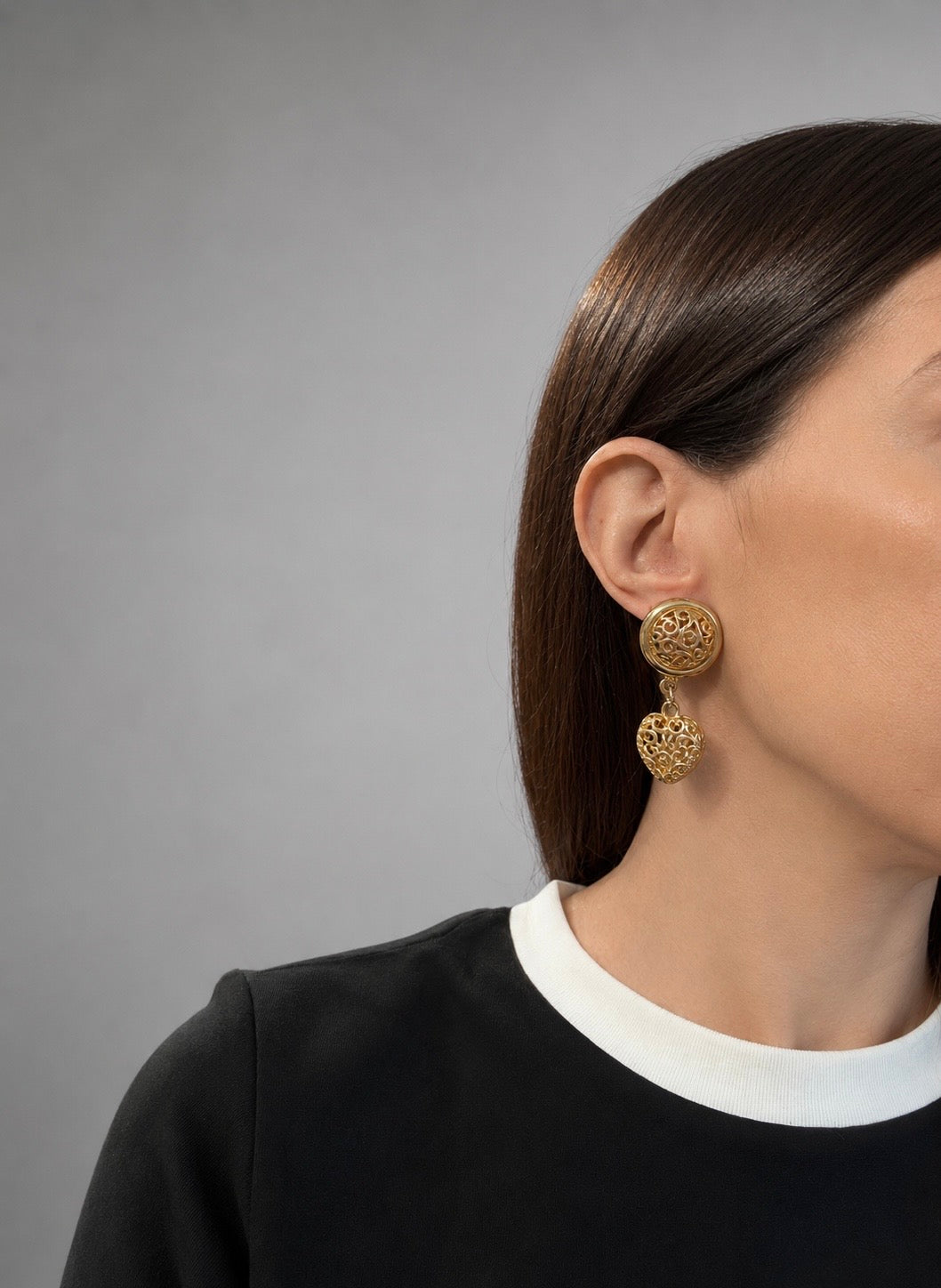 Vintage Gold Plated Filigree Heart Drop Clip-On Earrings | Late 1980s
