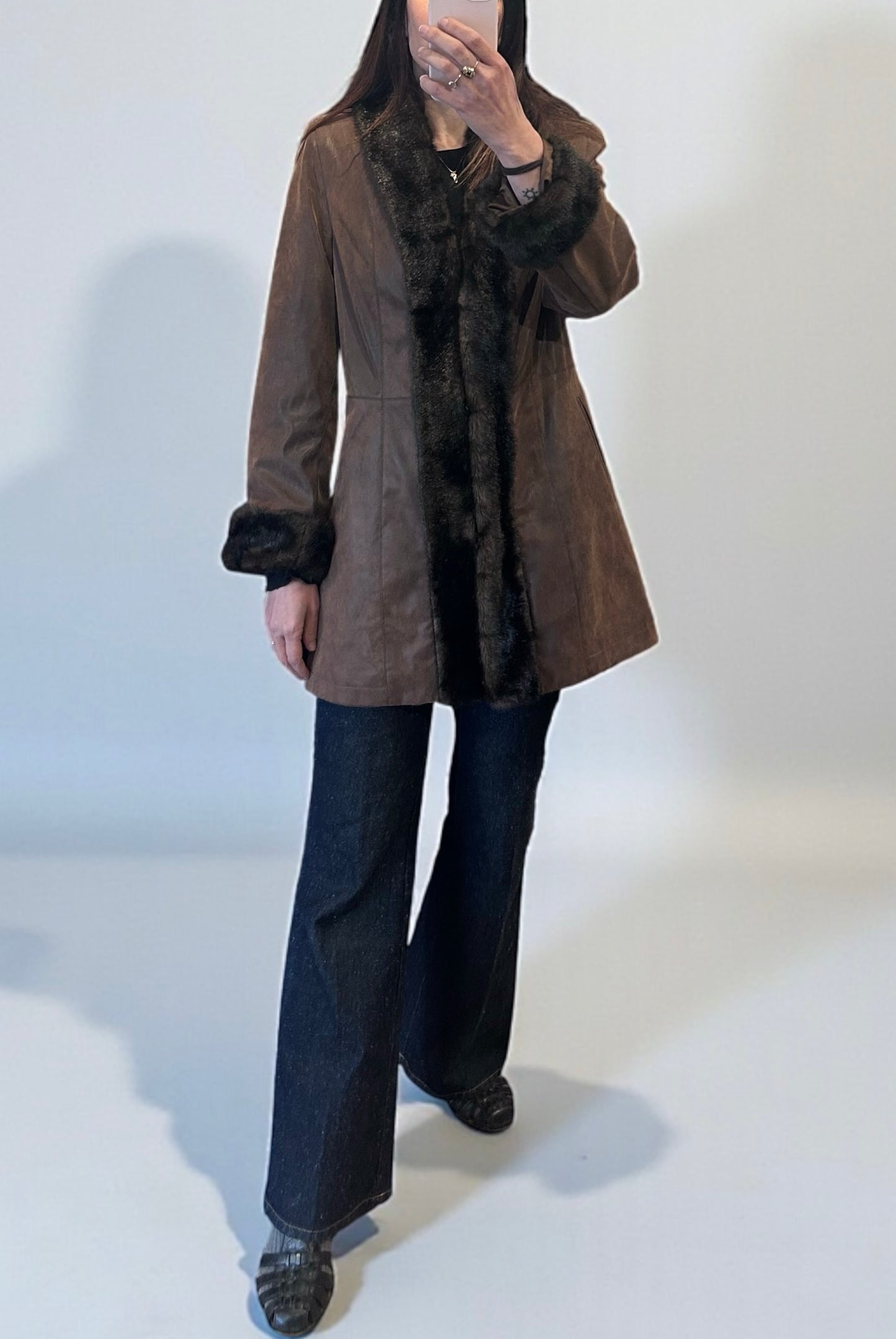 Vintage Penny Lane Style Brown Coat with Faux Fur Trim