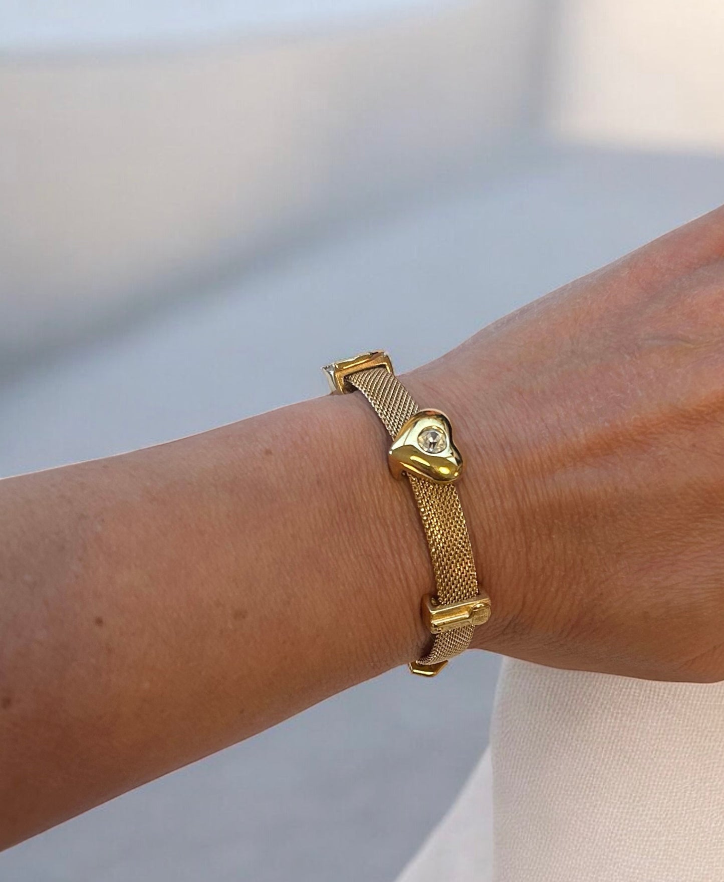 Vintage Givenchy Gold Mesh Bracelet with Heart Crystal Charm