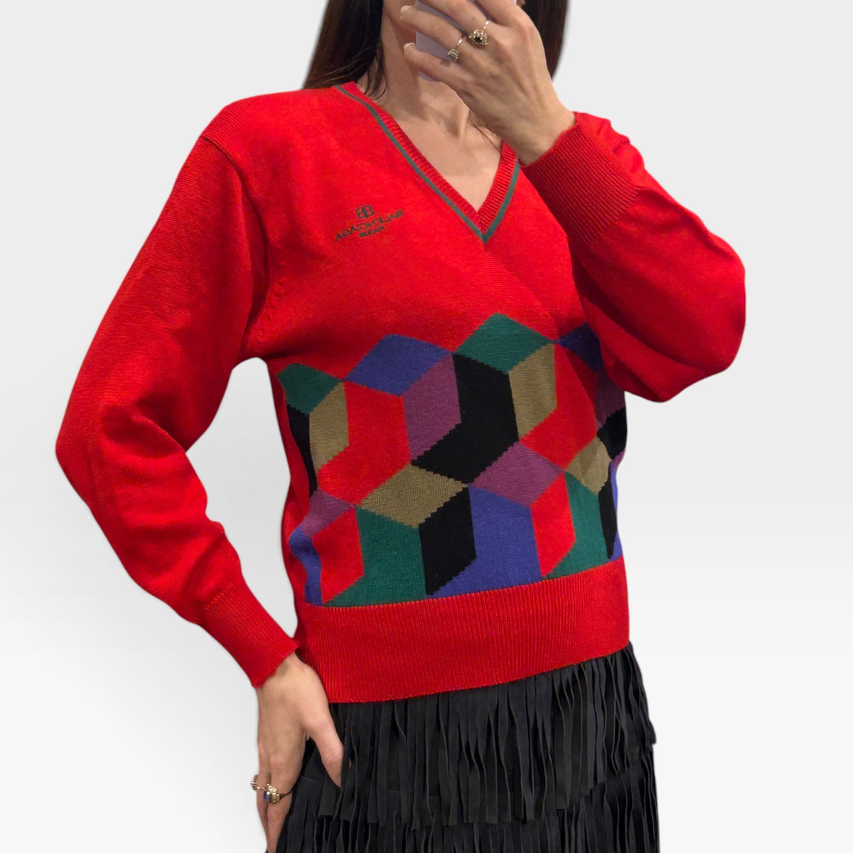Vintage Balenciaga Golf Club Red Geometric Knit Sweater | Late 1980s