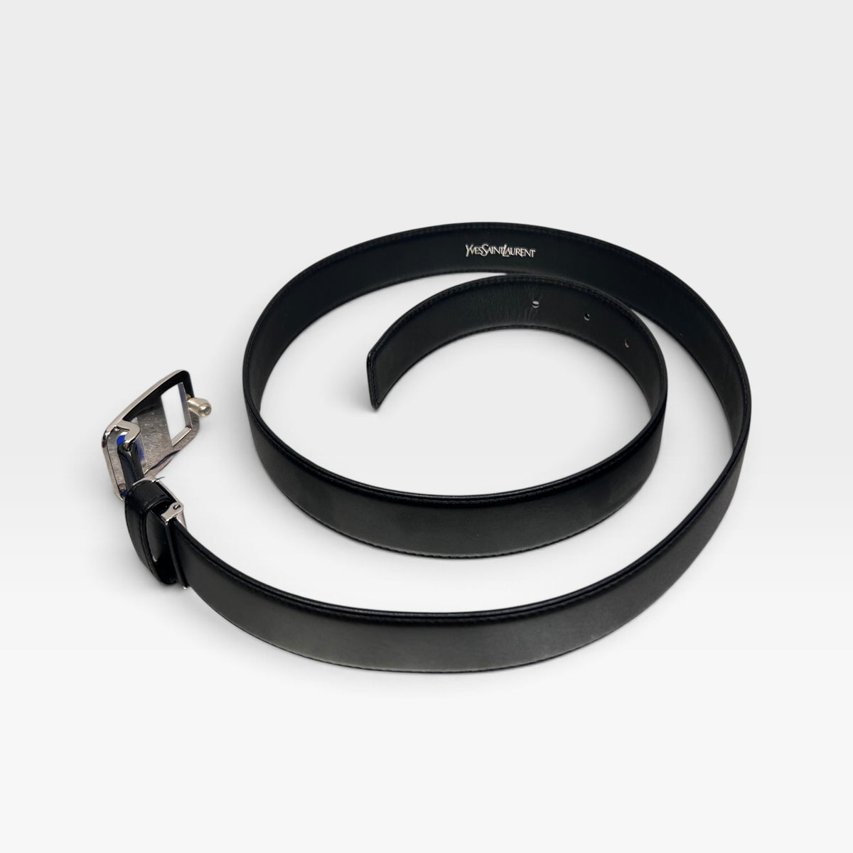 Vintage Yves Saint Laurent Black Leather Logo Buckle Belt | 1990s