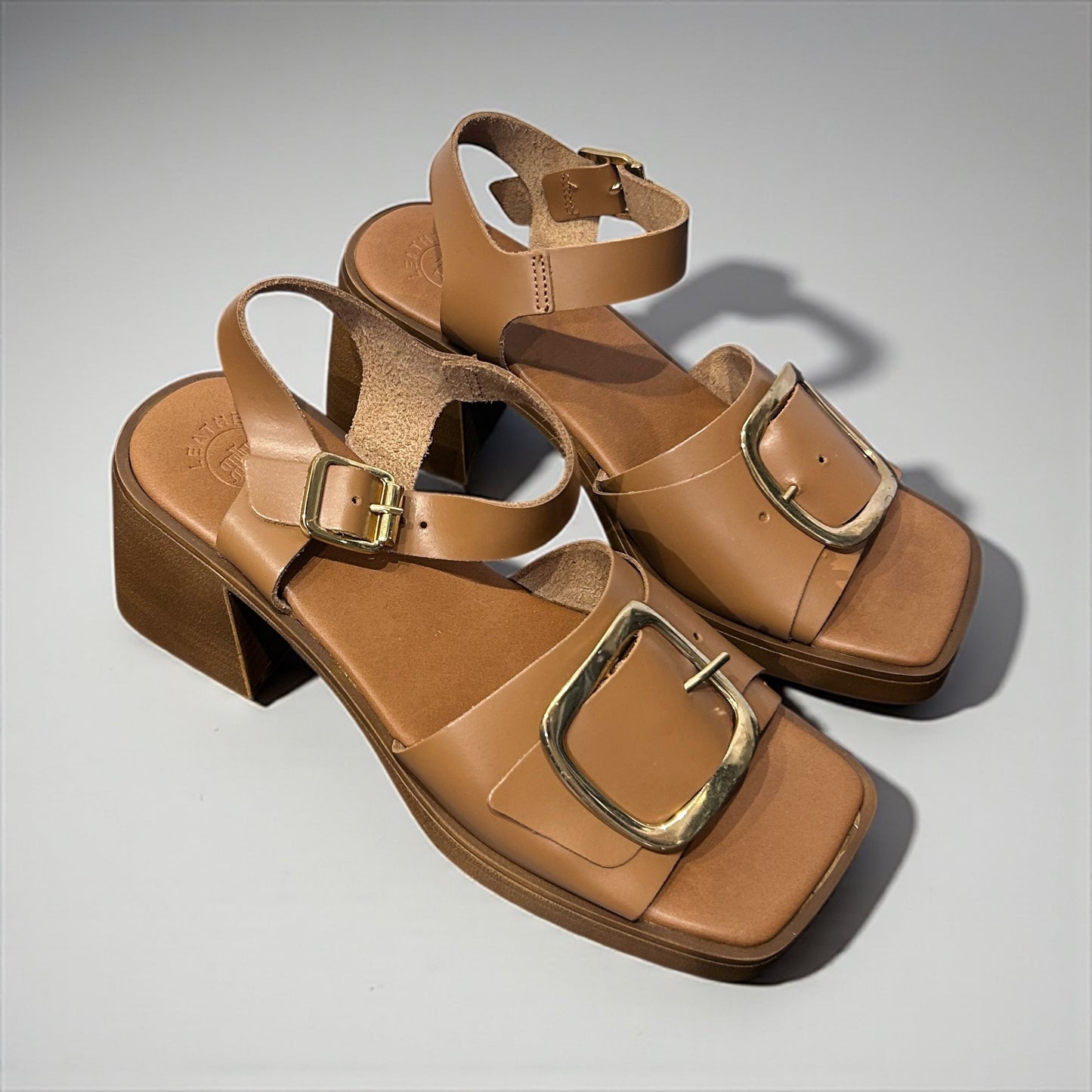 Brown Leather Block Heel Sandals