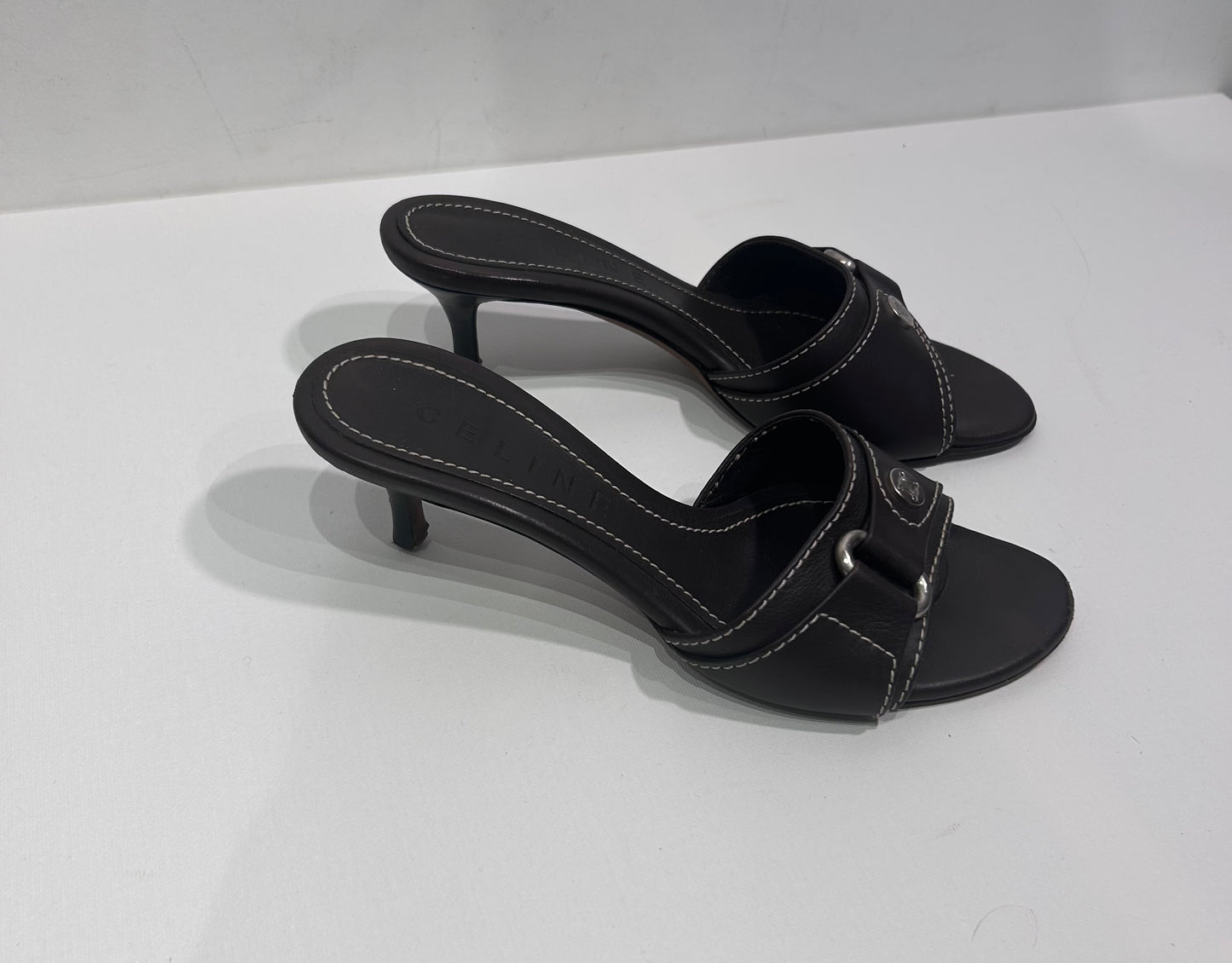 2000s Celine Leather Kitten Heel shoes with Triomphe Hardware