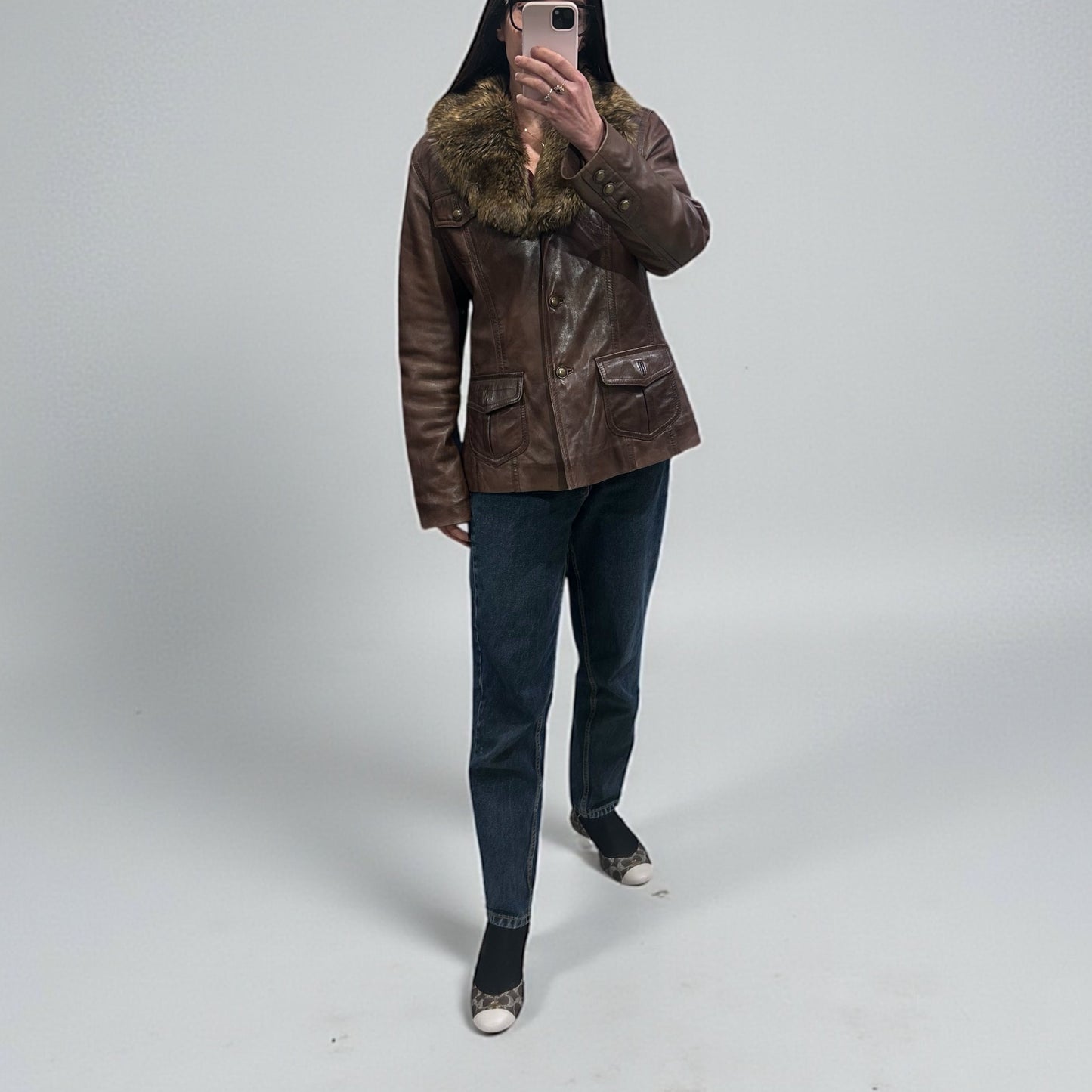 Early 2000s Brown Leather Jacket with Faux Fur Collar