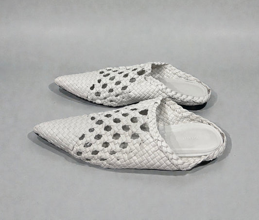 Khaite White Woven Leather Pointed Mules