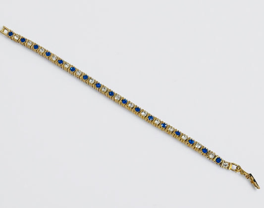 Vintage Gold-Plated Tennis Bracelet with Blue and Clear Crystals