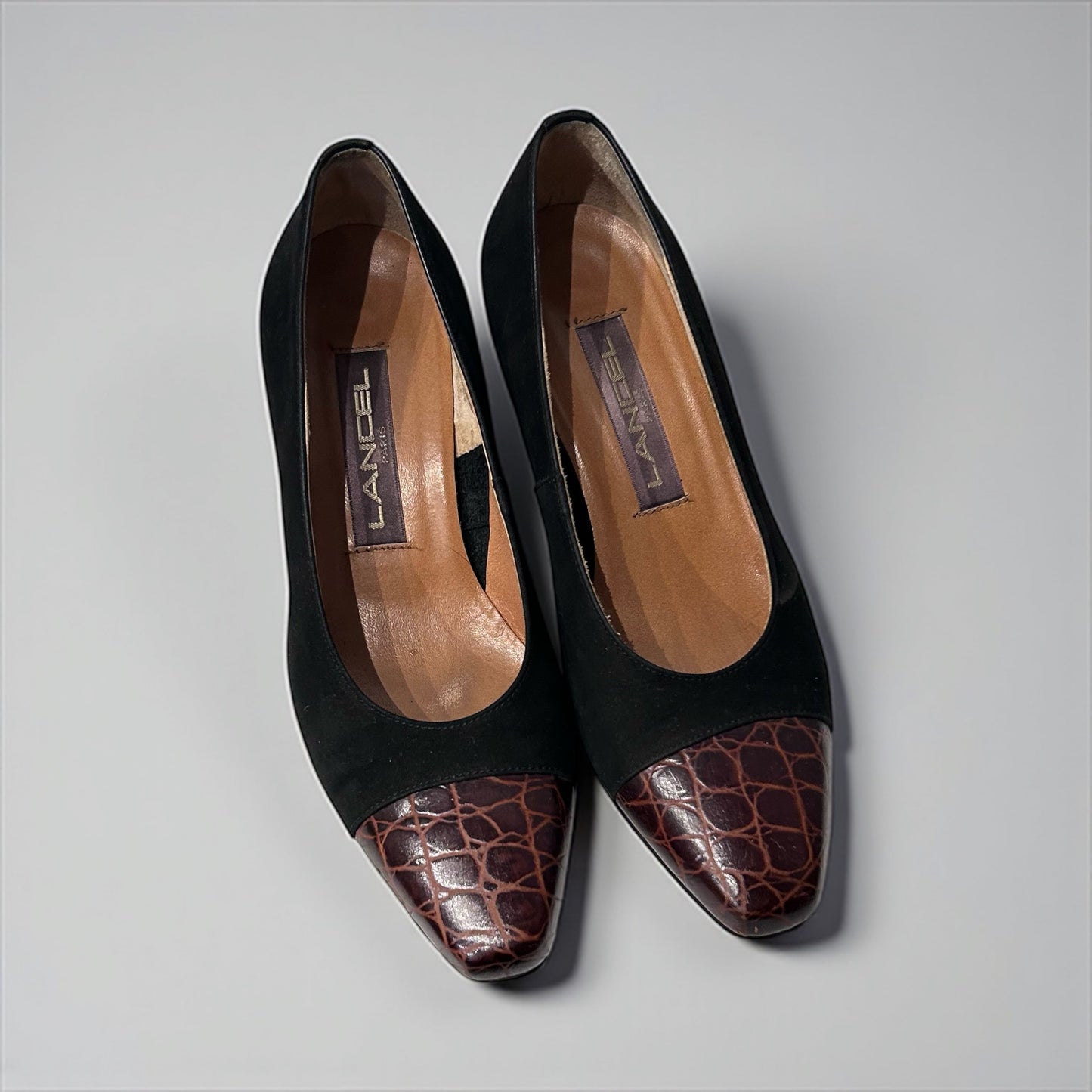 Lancel Vintage Suede & Croc-Embossed Leather Pumps