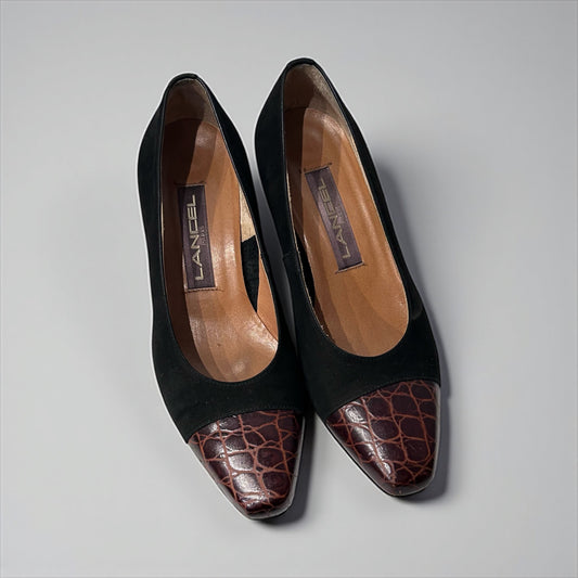 Lancel Vintage Suede & Croc-Embossed Leather Pumps
