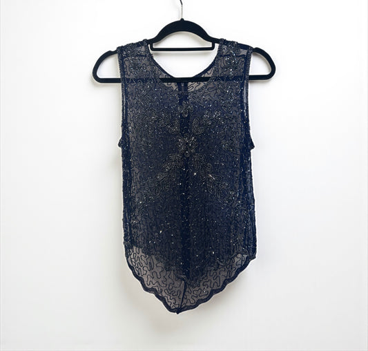 Vintage Sheer Beaded Sleeveless Top in Midnight Blue