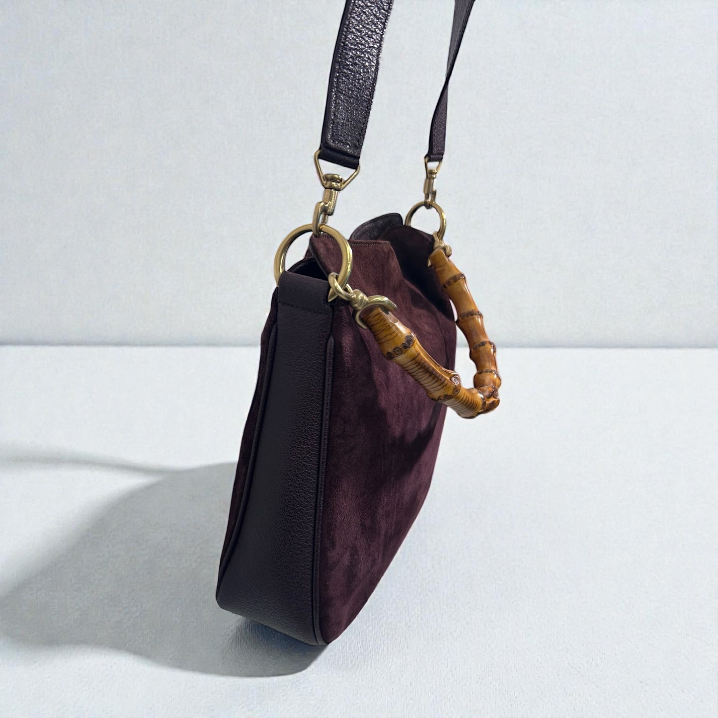 Vintage Gucci Burgundy Suede Bamboo Shoulder Bag