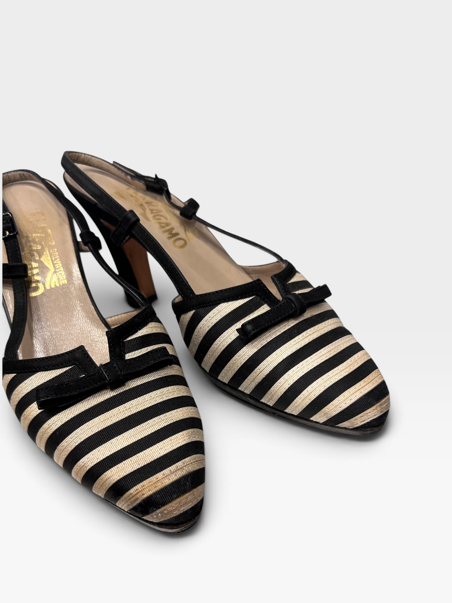 Vintage Salvatore Ferragamo Striped Slingback Heels| Late 1980s