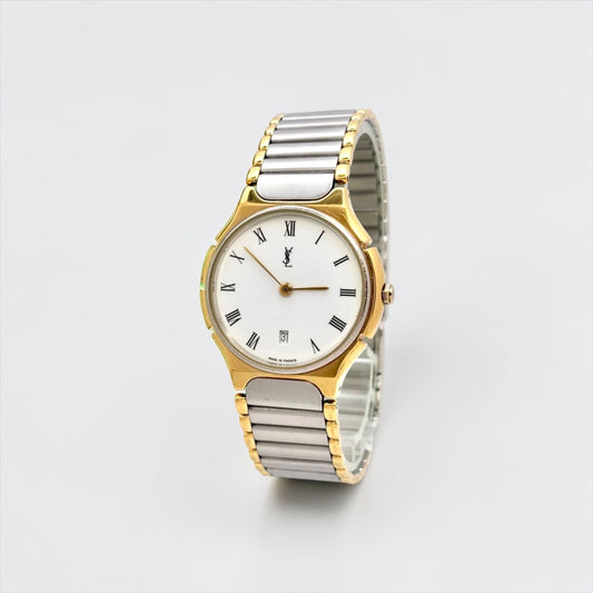 Vintage Yves Saint Laurent Two-Tone Roman Dial Quartz Watch |1990s
